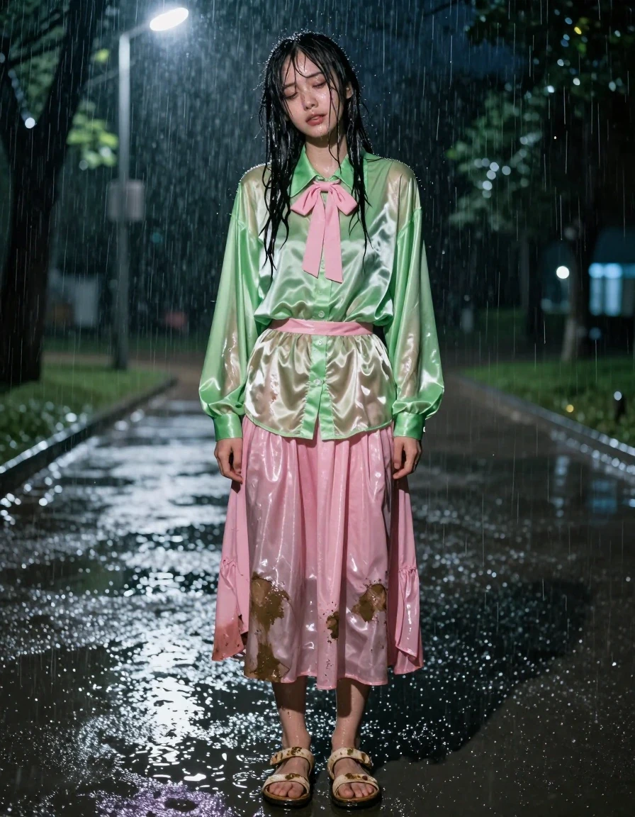 A photorealistic full-body shot of a nerdy young adult European woman standing in a huge puddle in an empty park at night during a torrential downpour. She appears exhausted and disheveled, with wet skin, damp hair plastered to her face, and an expression of peaceful enjoyment of the rain. She is wearing a vivid light green satin long-sleeved oversized shirt with a pink bowtie, and a pink silk floor-length skirt layered over multiple petticoats. The fabric of the skirt is heavy, clinging to her legs, with darkened soaked patches and deep, water-weighted folds. She is wearing ruined, mud-splattered sandals on her feet. The environment is dark and atmospheric, with heavy rain creating a shimmering water sheen on her wet skin and the slick, saturated fabric of her clothes. Strong glossy specular reflections highlight the wet textures of the satin and silk. Cinematic night lighting, street lamp illumination casting dramatic highlights on the falling rain and water-logged ground, high-detail photography, 8k resolution, hyper-realistic wet effect.