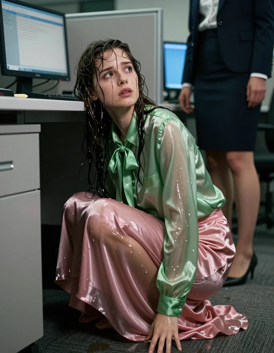 A photorealistic, highly detailed shot of a young adult European woman with a nerdy aesthetic, hiding in a submissive posture under an office cubicle desk at night. She is completely drenched, with wet, matted hair clinging to her face and shoulders, and glistening, wet skin. She wears a vivid light green satin long-sleeved oversized shirt with a bowtie, the fabric heavily soaked, dark, and translucent where it clings to her frame, with deep, glossy, water-saturated folds. Her legs are covered by a pink silk floor-length skirt, which is saturated with water, clinging to her skin, and displaying dark, heavy, wet fabric textures. She is barefoot, with wet feet visible on the office carpet. She looks up with an expression of nervous submission toward her dominant female boss, who is standing just outside the cubicle. The office environment is dimly lit by the cool glow of a computer monitor, casting dramatic shadows and creating strong, realistic specular highlights on the wet fabric and skin. Cinematic composition, shallow depth of field, sharp focus on the woman's face and wet textures, 8k resolution, highly detailed skin pores and fabric weave.