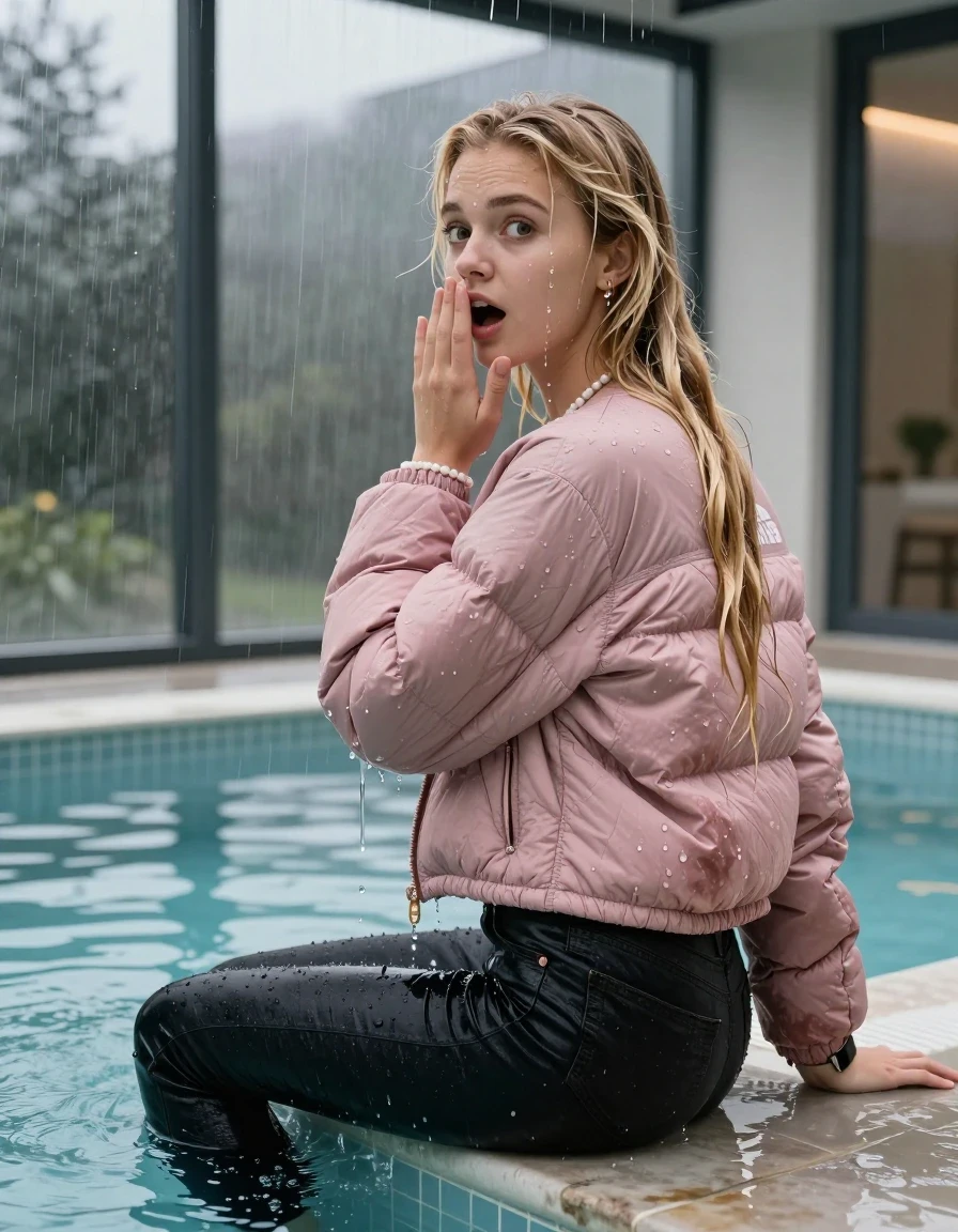photo of young woman, in soaking wet, drenched clothes,
, Dark skinny jeans, Pink  north face puffer down jacket, Open jacket, tight v-neck sweater, shoulderbag, pearl necklace, bracelet, wristwatch, Steaming indoor jacuzzi , 
enjoying, wet clothes stuck to body,
detailed textures of the wet clothes, wet face, wet plastered hair,
wet, drenched, professional, high-quality details, full body view.
sharp focus, ultra-high pixel detail, realistic, high-quality, full colors, incredibly detailed, 4k, 8k, 16k, hyper-realistic, RAW photo, masterpiece, ultra-detailed, professionally color graded, professional photograph, A realistic vertical fashion photograph taken from a backward, behind-the-back angle of a 15-year-old teenage girl sitting  in a glass-walled outdoor swimming pool and want to Go back in the water, facing to the camera to show her back. She is tilting her head at camera, letting the water drench her hair so it is glued flat against her head and body. She has blonde sleek long straight hair with birkin bangs completely saturated and dripping wet hair, with water cascading down her face and neck. Afraid and astonished expression. open mouth, big eyes. She holds a Hand over her mouth. The lighting is bright and cinematic, highlighting the glistening water droplets on her skin and the saturated texture of her  casual clothes. Outside the large glass wall of the pool building, heavy rain is visible falling against the window. Soft, moody indoor lighting with reflections on the water. High-quality fashion photography style.
her clothing is soaking wet and clinging tightly to her skin, showing heavy wet folds, darkened fabric texture, and deep water-saturated Patches, her clothes are heavy from the water, water runs from her body and her clothes in streams. A lot of water also runs out of her clothes. Her clothes are darkened by the water. 
hyper-realistic wetness, high-contrast water sheen, sharp focus, 16k resolution, professional photography, realistic water physics., wet skin, wet clothes, damp fabric, wet skin, wet clothes, damp fabric, wet skin, wet clothes, damp fabric, wet skin, wet clothes, damp fabric, wet skin, wet clothes, damp fabric, wet skin, wet clothes, damp fabric, wet skin, wet clothes, damp fabric, wet skin, wet clothes, damp fabric, wet skin, wet clothes, damp fabric, wet skin, wet clothes, damp fabric, wet skin, wet clothes, damp fabric, wet skin, wet clothes, damp fabric, wet skin, wet clothes, damp fabric, wet skin, wet clothes, damp fabric, wet skin, wet clothes, damp fabric
