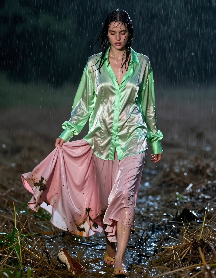 photo of young woman, in soaking wet, drenched clothes,
ruined heels, pink silk floor length skirt, multiple petticoats, vivid light green satin long sleeved oversized unbuttoned shirt, walking home on the empty fields at night in torrential rain, 
enjoying, wet clothes stuck to body,
detailed textures of the wet clothes, wet face, wet plastered hair,
wet, drenched, professional, high-quality details, full body view.
sharp focus, ultra-high pixel detail, realistic, high-quality, full colors, incredibly detailed, 4k, 8k, 16k, hyper-realistic, RAW photo, masterpiece, ultra-detailed, professionally color graded, professional photograph, nerdy, exhausted, disheveled, holding the edge of her skirt not get muddy, wet skin, wet clothes, damp fabric