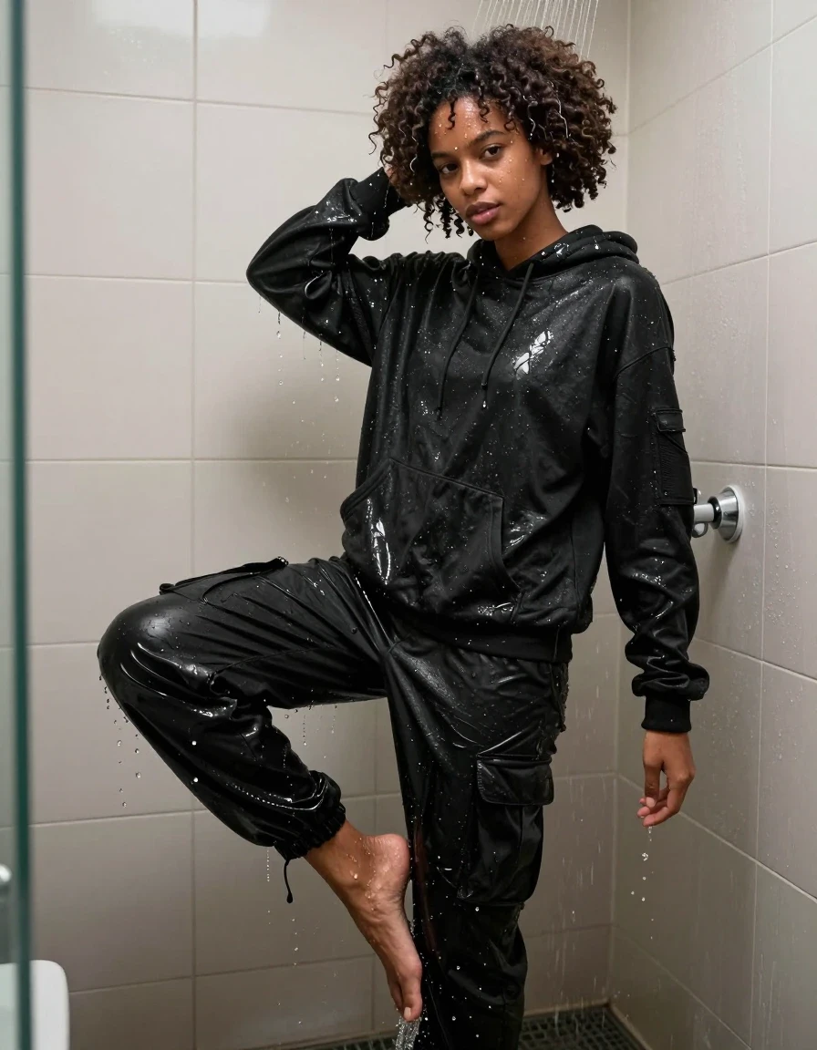 A mid-20s black American woman with a medium-sized afro, standing under a running shower in a small, tiled bathroom. The woman is wearing an oversized black hoodie and baggy long black cargo pants, both thoroughly soaked, heavy with water, and clinging to her body with deep, dark, saturated fabric textures and glossy specular reflections. She is barefoot, teasing the viewer by lifting one wet foot in a playful, erotic pose. Her skin is glistening with water droplets and a wet sheen, and her afro is damp and textured. The bathroom environment is filled with steam and mist, with water cascading down her body and the walls. Photorealistic, 8k resolution, cinematic lighting, sharp focus on the textures of the wet fabric and skin, high contrast, immersive composition.
