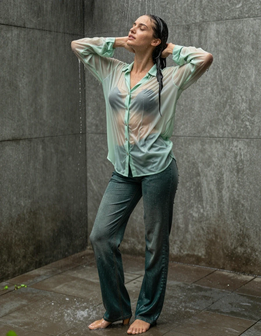 photo of young woman, in soaking wet, drenched clothes,
pumps, dark green oversized floor-length jeans, see-through, light green oversized floor-length blouse, see-through, standing in shower, rain, 
enjoying, wet clothes stuck to body,
detailed textures of the wet clothes, wet face, wet plastered hair,
wet, drenched, professional, high-quality details, full body view.
sharp focus, ultra-high pixel detail, realistic, high-quality, full colors, incredibly detailed, 4k, 8k, 16k, hyper-realistic, RAW photo, masterpiece, ultra-detailed, professionally color graded, professional photograph, collar, long sleeves, buttoned, wet clinging hair, long hair, drenched, dripping wet, submerged, full body view, see-through, side view, wet skin, wet clothes, damp fabric
