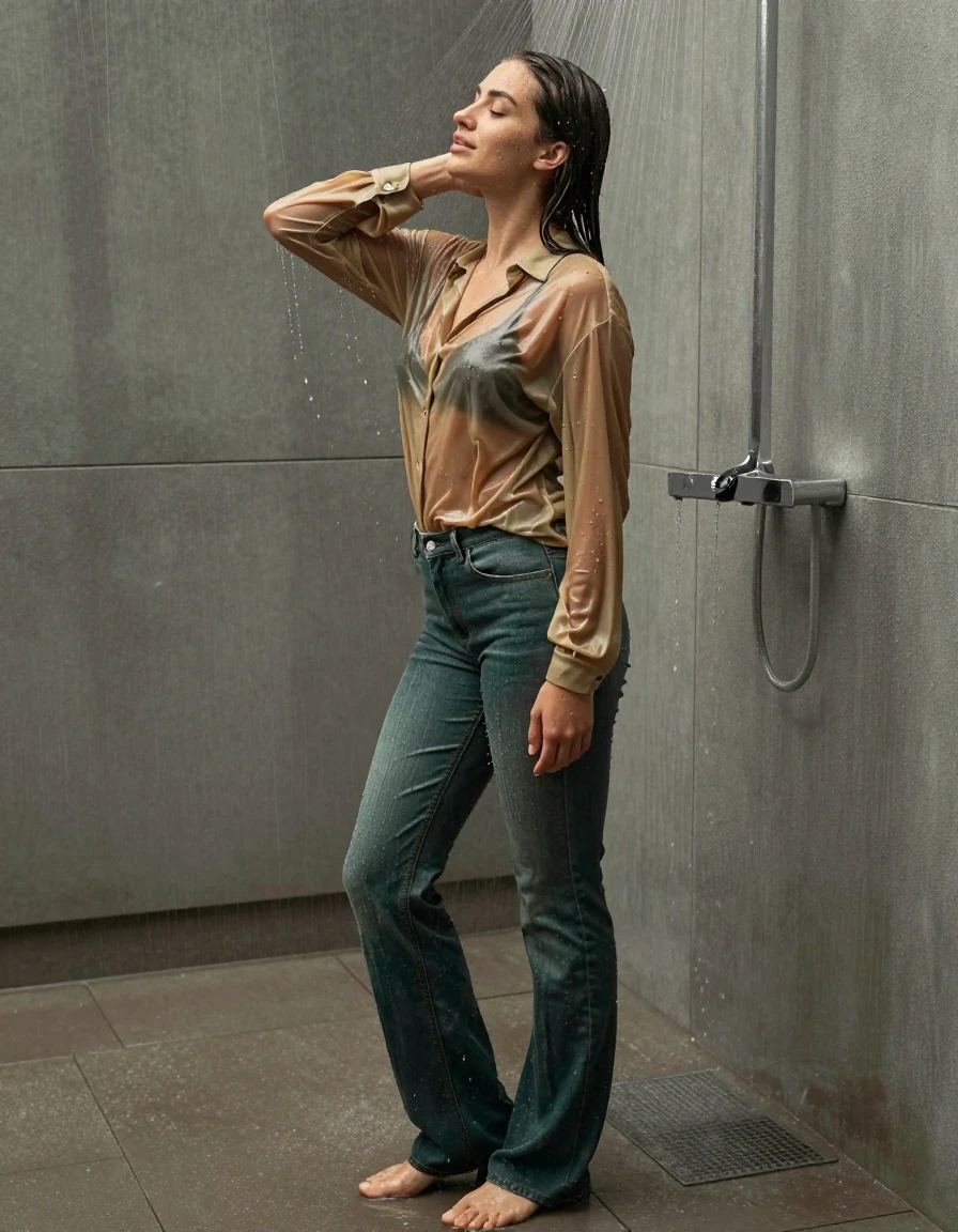 photo of young woman, in soaking wet, drenched clothes,
pumps, dark green oversized floor-length jeans, see-through, dark gold oversized floor-length blouse, see-through, standing in shower, rain, 
enjoying, wet clothes stuck to body,
detailed textures of the wet clothes, wet face, wet plastered hair,
wet, drenched, professional, high-quality details, full body view.
sharp focus, ultra-high pixel detail, realistic, high-quality, full colors, incredibly detailed, 4k, 8k, 16k, hyper-realistic, RAW photo, masterpiece, ultra-detailed, professionally color graded, professional photograph, collar, long sleeves, buttoned, wet clinging hair, long hair, drenched, dripping wet, submerged, full body view, see-through, side view, wet skin, wet clothes, damp fabric