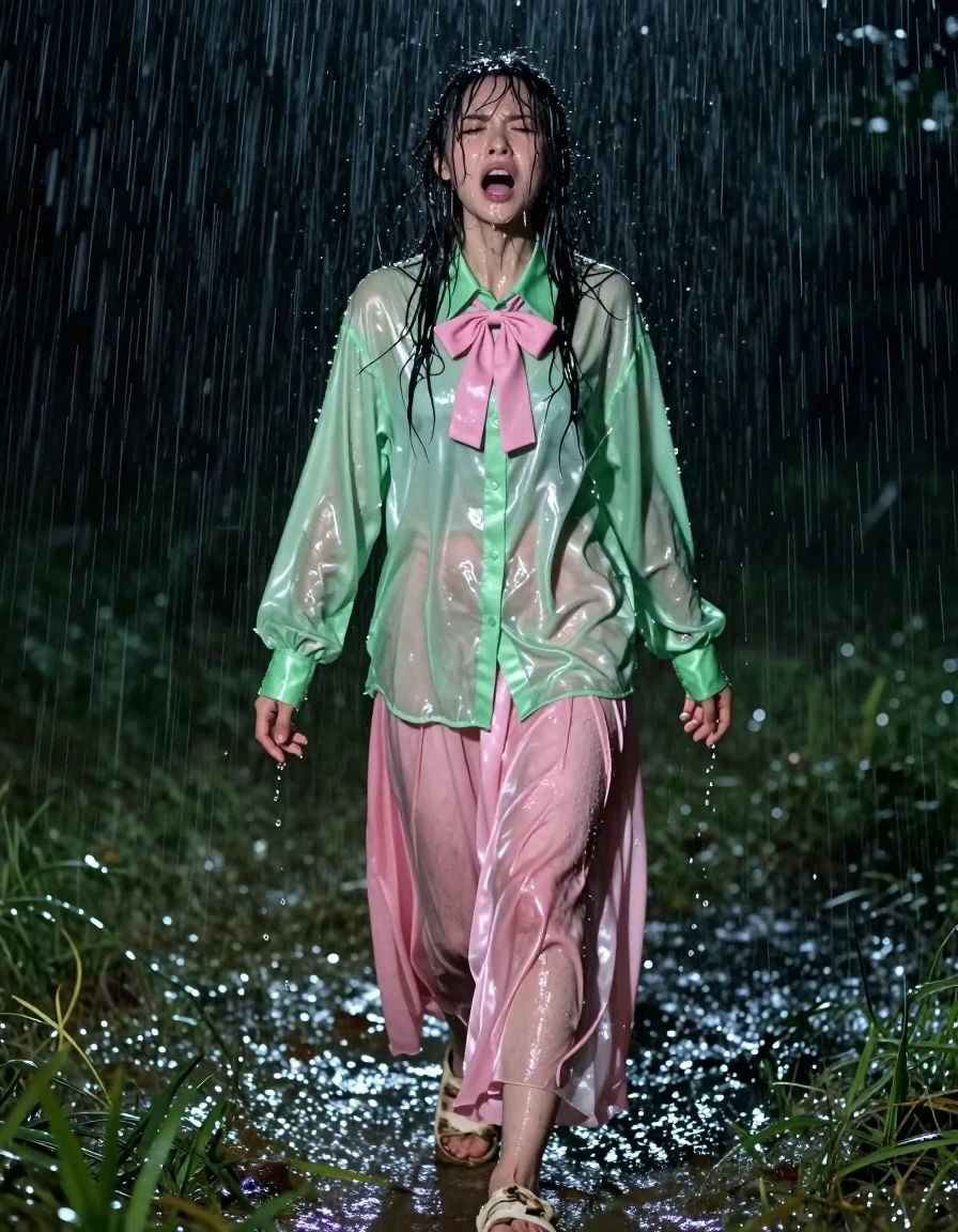 A photorealistic full-body shot of a disheveled and exhausted young European woman with a nerdy aesthetic, walking through an empty field at night during a torrential downpour. She is experiencing a visible, intense orgasm, her expression one of overwhelming, dazed release. She wears a vivid light green satin long-sleeved oversized shirt with a pink bowtie, and a pink silk floor-length skirt layered with multiple petticoats, all completely drenched. The fabric is heavy, clingy, and dark, with the silk appearing translucent and clinging to her skin due to the torrential rain. She is wearing ruined, mud-caked sandals. Her hair and skin are glistening with water, with visible rivulets streaming down her face and clothing. The lighting is low-key, provided by moonlight catching the heavy rain and the glossy, wet sheen on her saturated clothing. High-contrast, cinematic photography, sharp focus on the textures of the soaked fabric, deep shadows, 8k resolution, hyper-realistic water effects.