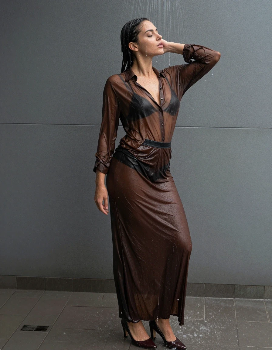 photo of young woman, in soaking wet, drenched clothes,
pumps, dark brown oversized floor-length skirt, see-through, brown oversized blouse, see-through, standing in shower, rain, 
enjoying, wet clothes stuck to body,
detailed textures of the wet clothes, wet face, wet plastered hair,
wet, drenched, professional, high-quality details, full body view.
sharp focus, ultra-high pixel detail, realistic, high-quality, full colors, incredibly detailed, 4k, 8k, 16k, hyper-realistic, RAW photo, masterpiece, ultra-detailed, professionally color graded, professional photograph, collar, long sleeves, buttoned, wet clinging hair, long hair, drenched, dripping wet, submerged, full body view, see-through, side view, wet skin, wet clothes, damp fabric