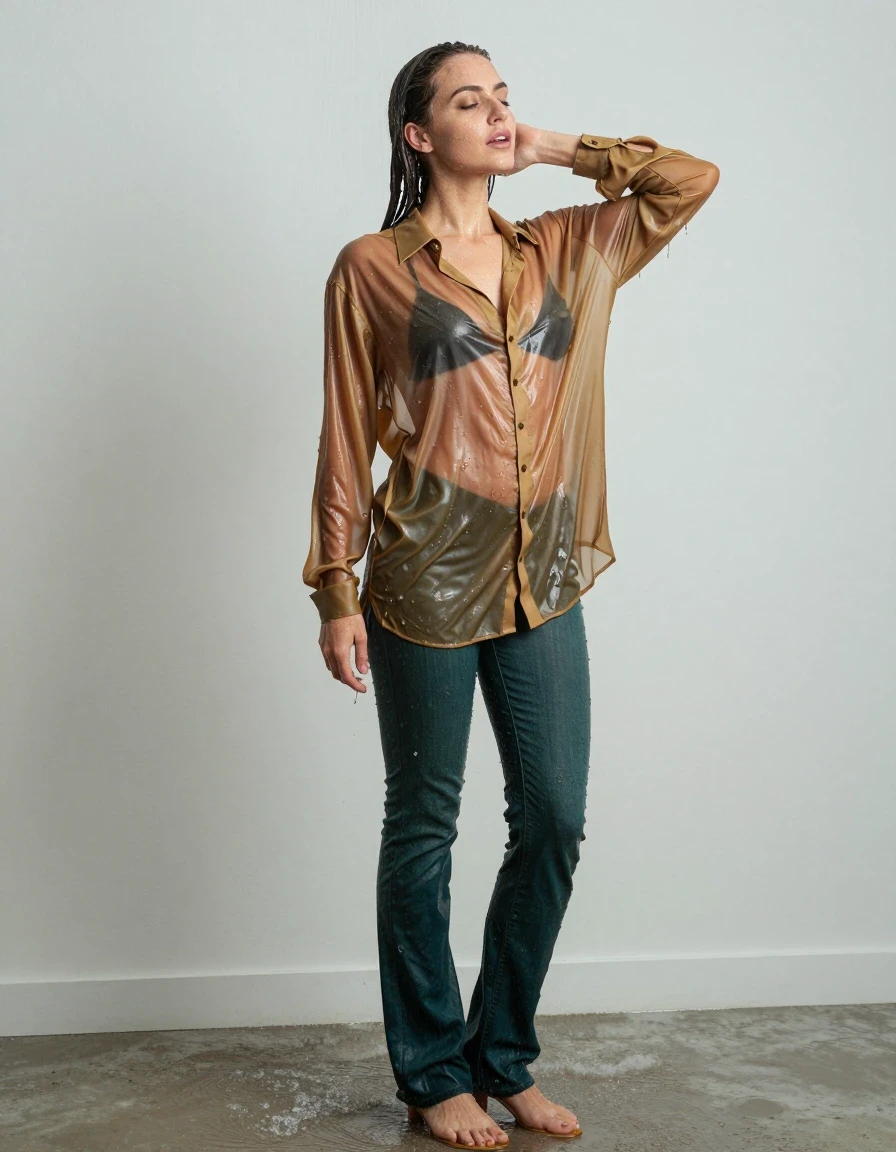 photo of young woman, in soaking wet, drenched clothes,
pumps, dark green oversized floor-length jeans, see-through, dark gold oversized floor-length blouse, see-through, standing in shower, rain, 
enjoying, wet clothes stuck to body,
detailed textures of the wet clothes, wet face, wet plastered hair,
wet, drenched, professional, high-quality details, full body view.
sharp focus, ultra-high pixel detail, realistic, high-quality, full colors, incredibly detailed, 4k, 8k, 16k, hyper-realistic, RAW photo, masterpiece, ultra-detailed, professionally color graded, professional photograph, collar, long sleeves, buttoned, wet clinging hair, long hair, drenched, dripping wet, submerged, full body view, see-through, side view, wet skin, wet clothes, damp fabric