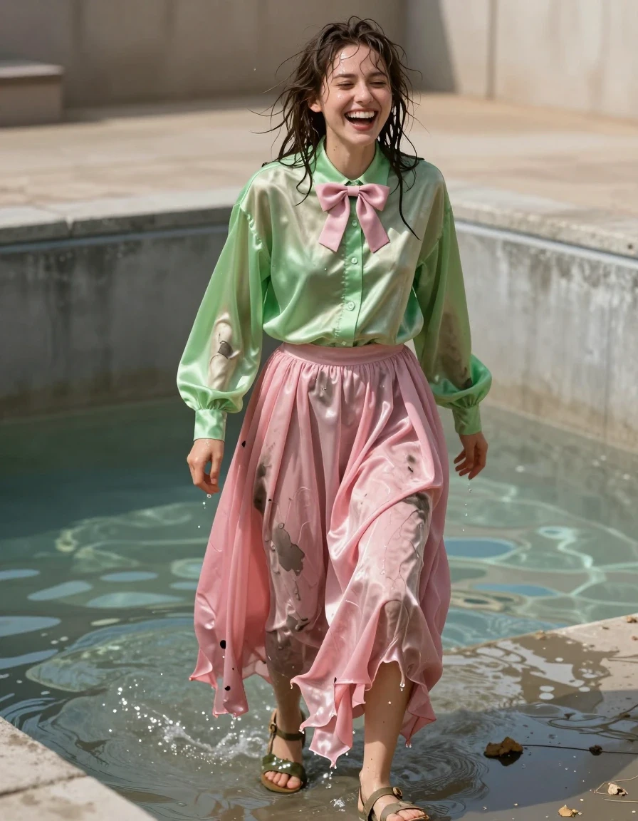 A photorealistic full-body shot of a nerdy young adult European woman with messy, water-drenched hair, laughing hysterically while gasping for air, emerging from a dry, empty concrete swimming pool. She wears a vivid light green satin long-sleeved oversized shirt and a pink silk floor-length skirt layered over multiple heavy, water-soaked petticoats that cling to her legs. The fabrics are heavily saturated, dark, and translucent from water, showing deep folds and a heavy, clinging texture. She wears ruined, water-logged sandals on her feet. A pink bowtie is tied around her collar, also soaked and darkened. The lighting is bright and harsh, highlighting the glossy, wet sheen on her skin and the dripping, heavy fabric of her clothing. High-contrast photography, sharp focus, cinematic depth of field, captured with a 35mm lens.