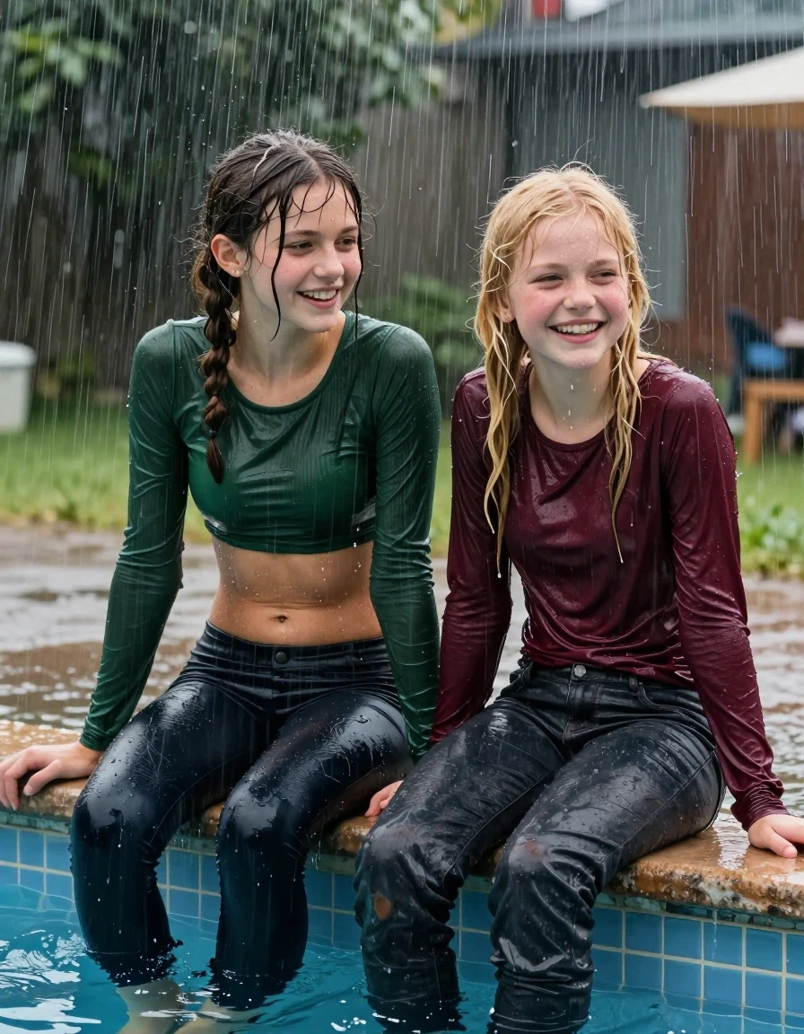 photo of young woman, in soaking wet, drenched clothes,
, , casual wear, 2 girls sitting on the edge of the pool while it pours water on them during a heavy storm, 
enjoying, wet clothes stuck to body,
detailed textures of the wet clothes, wet face, wet plastered hair,
wet, drenched, professional, high-quality details, full body view.
sharp focus, ultra-high pixel detail, realistic, high-quality, full colors, incredibly detailed, 4k, 8k, 16k, hyper-realistic, RAW photo, masterpiece, ultra-detailed, professionally color graded, professional photograph, 2 small college girls both having fun together. both similar age, a small nineteen year old girl, she is small, young, petite, with a flat and slim body, skinny body, flat and skinny chest,, a She has a wide square young face but a small very skinny waist and skinny legs, a very small chest, she is a pale brunette with a ponytail and bangs and a septum piercing, She is full of youthful energy, she wears dark leggings and a fitted soaked through long dark green ribbed long sleeve top that covers her midriff.Her friend is slightly shorter, she has blonde hair, she is wearing dark colored soaked loose jeans and a long sleeve maroon top. her clothes darken from the water. She has a wide square face,, wet skin, wet clothes, damp fabric