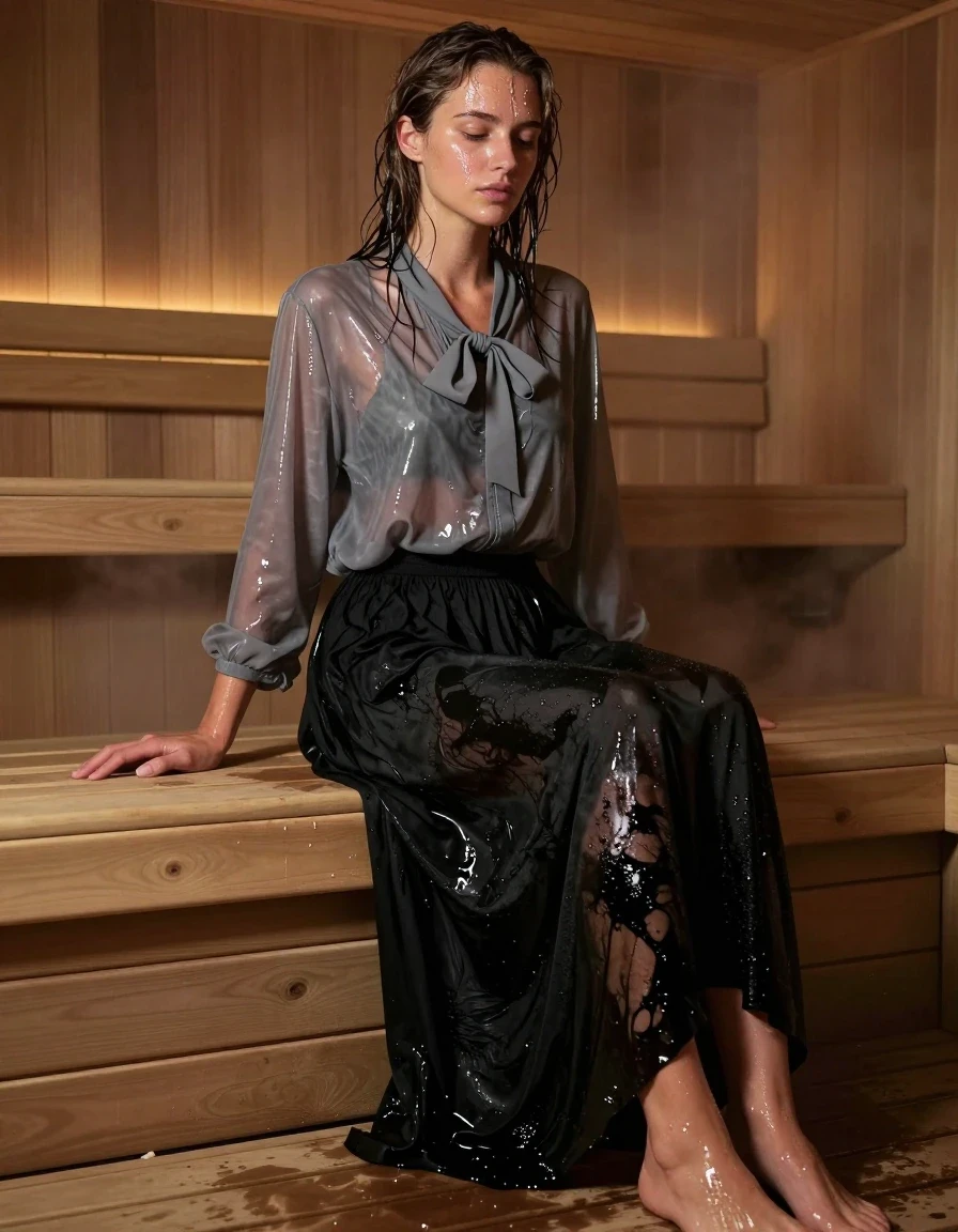 A photorealistic portrait of a young adult European woman inside a hot, steamy wooden sauna. She is drenched in sweat with glistening, moisture-beaded skin and damp, clinging hair. She is wearing an oversized grey nylon long-sleeved blouse with a prominent bowtie, the fabric appearing heavy, dark, and translucent from intense moisture saturation, clinging to her skin. Below, she wears a long black cotton floor-length skirt that is heavily soaked, showing deep, dark patches, heavy wet folds, and clinging to her legs. She is barefoot, with moisture visible on her skin. The atmosphere is thick with steam, high humidity, and warm, golden lighting reflecting off her wet skin and the damp wood surfaces. Hyper-detailed textures, 8k resolution, cinematic lighting, realistic sweat beads, high contrast, sharp focus on the fabric's wetness and skin sheen.