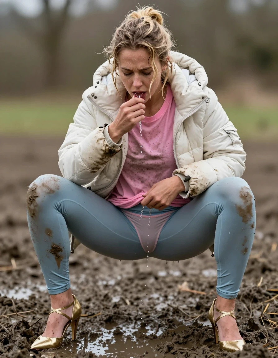 photo of young woman, in soaking wet, drenched clothes,
Strappy gold stilettos, Dirty pale blue leggings , Very muddy white puffer jacket , dirty pink t-shirt , In deep mud, legs apart, peeing in clothes , having a dump in her panties, 
enjoying, wet clothes stuck to body,
detailed textures of the wet clothes, wet face, wet plastered hair,
wet, drenched, professional, high-quality details, full body view.
sharp focus, ultra-high pixel detail, realistic, high-quality, full colors, incredibly detailed, 4k, 8k, 16k, hyper-realistic, RAW photo, masterpiece, ultra-detailed, professionally color graded, professional photograph, Blonde, wet skin, wet clothes, damp fabric