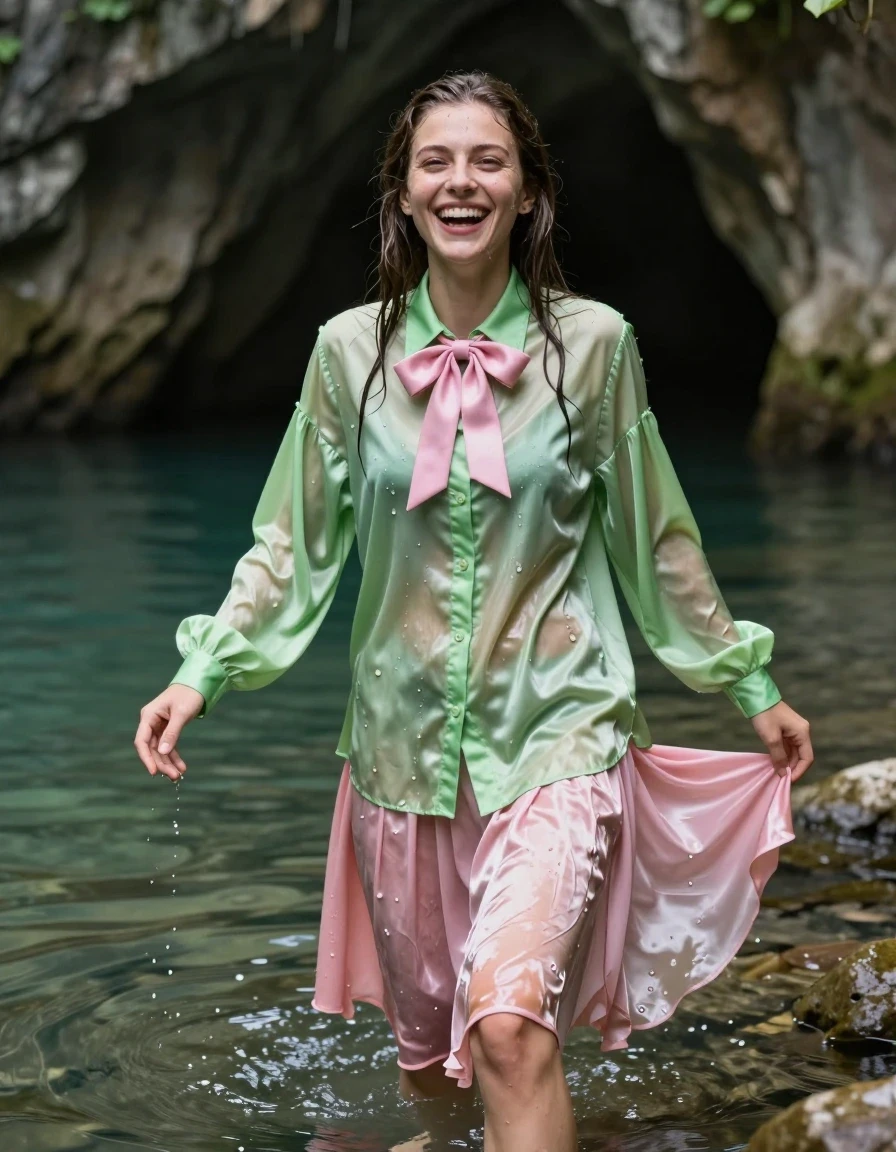 photo of young woman, in soaking wet, drenched clothes,
barefeet, pink silk floor length skirt, multiple petticoats, vivid light green satin long sleeved oversized shirt, pink bowtie, swimming in a lake in a cave, 
enjoying, wet clothes stuck to body,
detailed textures of the wet clothes, wet face, wet plastered hair,
wet, drenched, professional, high-quality details, full body view.
sharp focus, ultra-high pixel detail, realistic, high-quality, full colors, incredibly detailed, 4k, 8k, 16k, hyper-realistic, RAW photo, masterpiece, ultra-detailed, professionally color graded, professional photograph, nerdy, laughs, wet skin, wet clothes, damp fabric