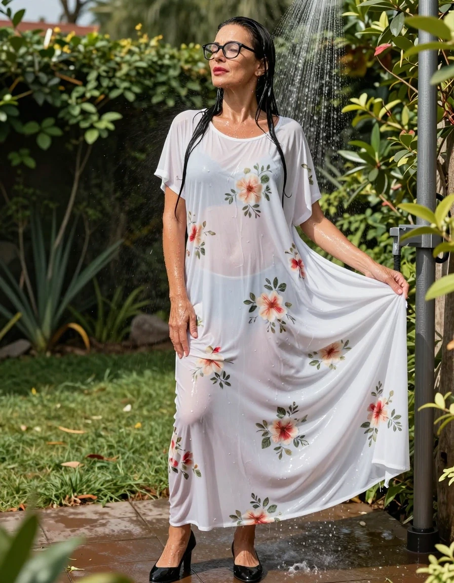 photo of young woman, in soaking wet, drenched clothes,
high black shoes, maxi white floral t-shirt dress, maxi white floral t-shirt dress, after shower, in sunny garden, enjoying wet clothes stuck body, enjoying, wet clothes stuck to body, 
enjoying, wet clothes stuck to body,
detailed textures of the wet clothes, wet face, wet plastered hair,
wet, drenched, professional, high-quality details, full body view.
sharp focus, ultra-high pixel detail, realistic, high-quality, full colors, incredibly detailed, 4k, 8k, 16k, hyper-realistic, RAW photo, masterpiece, ultra-detailed, professionally color graded, professional photograph, europen brunette skinny woman 50 years old, long dark black hair, office glasses, very big and thick lips, complete body, wet skin, wet clothes, damp fabric, wet skin, wet clothes, damp fabric, wet skin, wet clothes, damp fabric, wet skin, wet clothes, damp fabric, wet skin, wet clothes, damp fabric, wet skin, wet clothes, damp fabric, wet skin, wet clothes, damp fabric