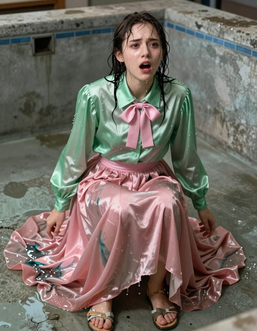 A photorealistic portrait of a nerdy young adult European woman emerging from an empty, weathered concrete swimming pool, gasping for air with an exhausted yet genuinely satisfied expression. Her skin is glistening with water, and her hair is plastered to her face and neck. She is wearing a vivid light green satin long-sleeved oversized shirt with a pink bowtie, and a floor-length pink silk skirt layered over multiple petticoats. All garments are heavily soaked, clinging to her body with darker, saturated patches, visible water weight, and deep folds. Her feet are encased in ruined, water-logged sandals. The scene captures the damp fabric texture, shimmering water sheen on her skin, and the disheveled state of her clothing. Cinematic lighting highlights the droplets and the heavy, clinging nature of the wet silk and satin, with the dry, cracked texture of the pool floor contrasting against the saturated, dripping fabric. High-resolution, sharp focus, 8k, detailed skin pores, realistic wet textures.