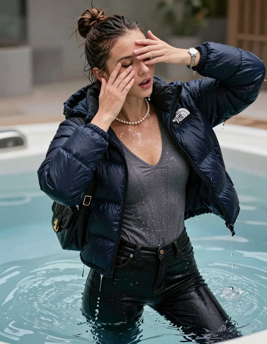 photo of young woman, in soaking wet, drenched clothes,
, Dark skinny jeans, north face puffer down jacket, Open jacket, tight v-neck sweater, shoulderbag, pearl necklace, bracelet, wristwatch, Steaming indoor jacuzzi , 
enjoying, wet clothes stuck to body,
detailed textures of the wet clothes, wet face, wet plastered hair,
wet, drenched, professional, high-quality details, full body view.
sharp focus, ultra-high pixel detail, realistic, high-quality, full colors, incredibly detailed, 4k, 8k, 16k, hyper-realistic, RAW photo, masterpiece, ultra-detailed, professionally color graded, professional photograph, A realistic vertical fashion photograph taken from a backward, behind-the-back angle of a 15-year-old teenage girl lying in a steaming indoor jacuzzi, facing to the camera to show her back. She is tilting her head at camera, letting the water drench her hair so it is glued flat against her head and body. She has a sleek bun , completely saturated and dripping wet hair, with water cascading down her face and neck. cover her whole face with her hands. open mouth, half closed eyes. The lighting is bright and cinematic, highlighting the glistening water droplets on her skin and the saturated texture of her  casual clothes.
her clothing is soaking wet and clinging tightly to her skin, showing heavy wet folds, darkened fabric texture, and deep water-saturated Patches, her clothes are heavy from the water, water runs from her body and her clothes in streams. A lot of water also runs out of her clothes. Her clothes are darkened by the water. 
hyper-realistic wetness, high-contrast water sheen, sharp focus, 16k resolution, professional photography, realistic water physics., wet skin, wet clothes, damp fabric, wet skin, wet clothes, damp fabric, wet skin, wet clothes, damp fabric, wet skin, wet clothes, damp fabric, wet skin, wet clothes, damp fabric, wet skin, wet clothes, damp fabric, wet skin, wet clothes, damp fabric, wet skin, wet clothes, damp fabric, wet skin, wet clothes, damp fabric, wet skin, wet clothes, damp fabric, wet skin, wet clothes, damp fabric, wet skin, wet clothes, damp fabric, wet skin, wet clothes, damp fabric, wet skin, wet clothes, damp fabric