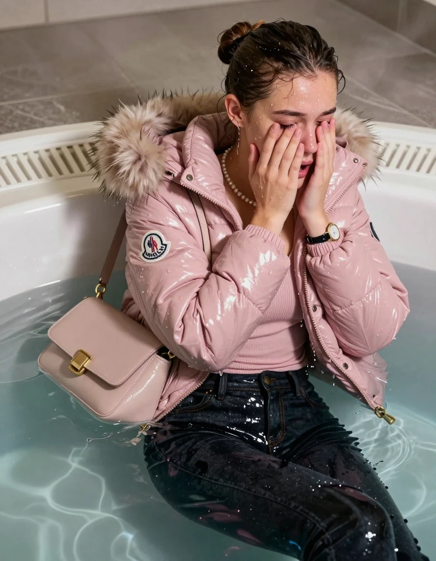 photo of young woman, in soaking wet, drenched clothes,
, Dark skinny jeans, Light pink Moncler shiny puffer down jacket with fur, Open jacket, tight v-neck sweater, shoulderbag, pearl necklace, bracelet, wristwatch, Steaming indoor jacuzzi , 
enjoying, wet clothes stuck to body,
detailed textures of the wet clothes, wet face, wet plastered hair,
wet, drenched, professional, high-quality details, full body view.
sharp focus, ultra-high pixel detail, realistic, high-quality, full colors, incredibly detailed, 4k, 8k, 16k, hyper-realistic, RAW photo, masterpiece, ultra-detailed, professionally color graded, professional photograph, A realistic vertical fashion photograph taken from a backward, behind-the-back angle of a 15-year-old teenage girl lying in a steaming indoor jacuzzi, facing to the camera to show her back. She is tilting her head at camera, letting the water drench her hair so it is glued flat against her head and body. She has a sleek bun , completely saturated and dripping wet hair, with water cascading down her face and neck, crying and astonished expression. cover her whole face with her hands. open mouth, half closed eyes. The lighting is bright and cinematic, highlighting the glistening water droplets on her skin and the saturated texture of her  casual clothes.  half closed eyes. 
her clothing is soaking wet and clinging tightly to her skin, showing heavy wet folds, darkened fabric texture, and deep water-saturated Patches, her clothes are heavy from the water, water runs from her body and her clothes in streams. A lot of water also runs out of her clothes. Her clothes are darkened by the water. 
hyper-realistic wetness, high-contrast water sheen, sharp focus, 16k resolution, professional photography, realistic water physics., wet skin, wet clothes, damp fabric, wet skin, wet clothes, damp fabric, wet skin, wet clothes, damp fabric, wet skin, wet clothes, damp fabric, wet skin, wet clothes, damp fabric, wet skin, wet clothes, damp fabric, wet skin, wet clothes, damp fabric, wet skin, wet clothes, damp fabric, wet skin, wet clothes, damp fabric, wet skin, wet clothes, damp fabric, wet skin, wet clothes, damp fabric, wet skin, wet clothes, damp fabric, wet skin, wet clothes, damp fabric
