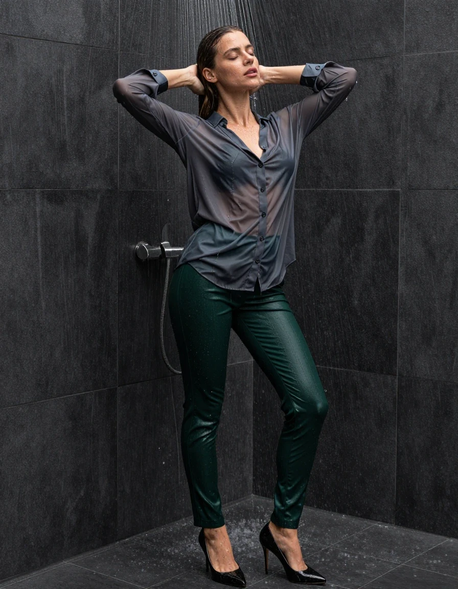 photo of young woman, in soaking wet, drenched clothes,
pumps, dark green slim floor-length silk business pants, see-through, dark grey oversized floor-length blouse, see-through, standing in shower, rain, 
enjoying, wet clothes stuck to body,
detailed textures of the wet clothes, wet face, wet plastered hair,
wet, drenched, professional, high-quality details, full body view.
sharp focus, ultra-high pixel detail, realistic, high-quality, full colors, incredibly detailed, 4k, 8k, 16k, hyper-realistic, RAW photo, masterpiece, ultra-detailed, professionally color graded, professional photograph, collar, long sleeves, buttoned, wet clinging hair, long hair, drenched, dripping wet, submerged, full body view, see-through, side view, wet skin, wet clothes, damp fabric