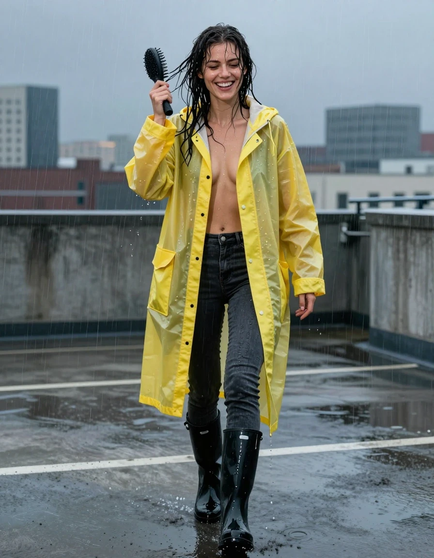photo of young woman, in soaking wet, drenched clothes,
black rubber rain boots, glossy finish, water pooling around soles, charcoal grey skinny denim jeans, dark saturation from heavy rain, oversized translucent yellow raincoat, condensation droplets clinging to surface, concrete rooftop parking garage entrance, twilight city skyline in background, 
enjoying, wet clothes stuck to body,
detailed textures of the wet clothes, wet face, wet plastered hair,
wet, drenched, professional, high-quality details, full body view.
sharp focus, ultra-high pixel detail, realistic, high-quality, full colors, incredibly detailed, 4k, 8k, 16k, hyper-realistic, RAW photo, masterpiece, ultra-detailed, professionally color graded, professional photograph, woman laughing while brushing wet hair from face as she steps into torrential rain, fabric clinging to skin, hyper-realistic texture, vivid lighting, sharp focus, 85mm medium shot, cinematic depth of field, wet skin, wet clothes, damp fabric