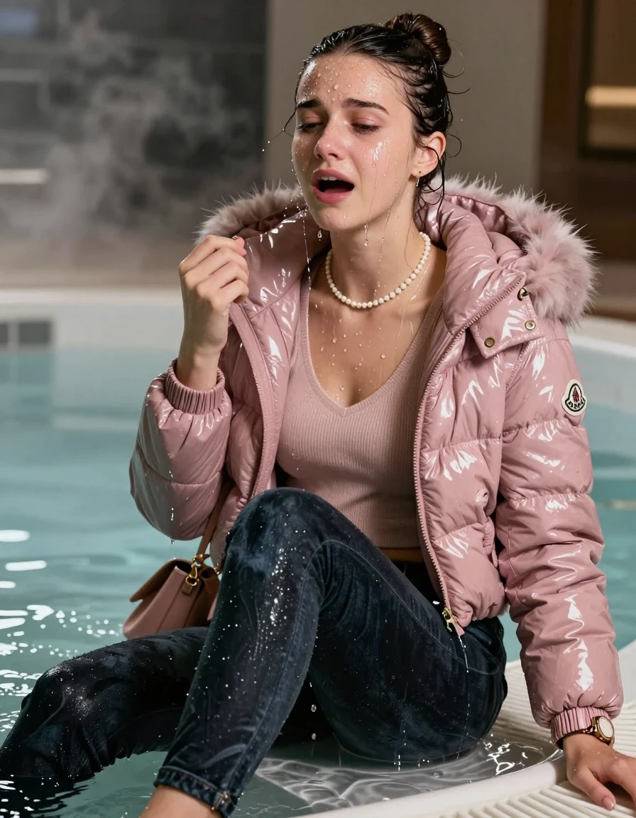 photo of young woman, in soaking wet, drenched clothes,
, Dark skinny jeans, Light pink Moncler shiny puffer down jacket with fur, Open jacket, tight v-neck sweater, shoulderbag, pearl necklace, bracelet, wristwatch, Steaming indoor jacuzzi , 
enjoying, wet clothes stuck to body,
detailed textures of the wet clothes, wet face, wet plastered hair,
wet, drenched, professional, high-quality details, full body view.
sharp focus, ultra-high pixel detail, realistic, high-quality, full colors, incredibly detailed, 4k, 8k, 16k, hyper-realistic, RAW photo, masterpiece, ultra-detailed, professionally color graded, professional photograph, A realistic vertical fashion photograph taken from a backward, behind-the-back angle of a 15-year-old teenage girl sitting in a steaming indoor jacuzzi, facing away from the camera to show her back. She is tilting her head at camera, letting the water drench her hair so it is glued flat against her head and body. She has a sleek bun , completely saturated and dripping wet hair, with water cascading down her face and neck, crying and astonished expression. open mouth, half closed eyes. The lighting is bright and cinematic, highlighting the glistening water droplets on her skin and the saturated texture of her  casual clothes.  half closed eyes. 
her clothing is soaking wet and clinging tightly to her skin, showing heavy wet folds, darkened fabric texture, and deep water-saturated Patches, her clothes are heavy from the water, water runs from her body and her clothes in streams. A lot of water also runs out of her clothes. Her clothes are darkened by the water. 
hyper-realistic wetness, high-contrast water sheen, sharp focus, 16k resolution, professional photography, realistic water physics., wet skin, wet clothes, damp fabric, wet skin, wet clothes, damp fabric, wet skin, wet clothes, damp fabric, wet skin, wet clothes, damp fabric, wet skin, wet clothes, damp fabric, wet skin, wet clothes, damp fabric, wet skin, wet clothes, damp fabric, wet skin, wet clothes, damp fabric, wet skin, wet clothes, damp fabric, wet skin, wet clothes, damp fabric, wet skin, wet clothes, damp fabric, wet skin, wet clothes, damp fabric, wet skin, wet clothes, damp fabric