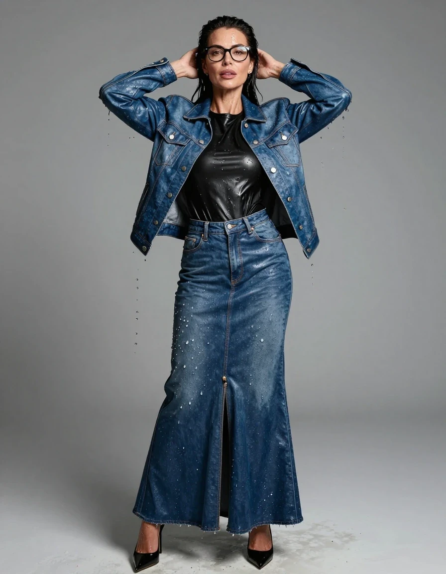 photo of young woman, in soaking wet, drenched clothes,
high heels black shoes, maxi blue flared leather denim skirt, long black tight leather t-shirt, maxi blue shiny leather denim jacket, after shower, enjoying wet clothes stuck body, enjoying, wet clothes stuck to body, 
enjoying, wet clothes stuck to body,
detailed textures of the wet clothes, wet face, wet plastered hair,
wet, drenched, professional, high-quality details, full body view.
sharp focus, ultra-high pixel detail, realistic, high-quality, full colors, incredibly detailed, 4k, 8k, 16k, hyper-realistic, RAW photo, masterpiece, ultra-detailed, professionally color graded, professional photograph, europen brunette skinny woman 50 years old, long dark black hair, office glasses, very big and thick lips, complete body, wet skin, wet clothes, damp fabric, wet skin, wet clothes, damp fabric, wet skin, wet clothes, damp fabric, wet skin, wet clothes, damp fabric, wet skin, wet clothes, damp fabric, wet skin, wet clothes, damp fabric, wet skin, wet clothes, damp fabric