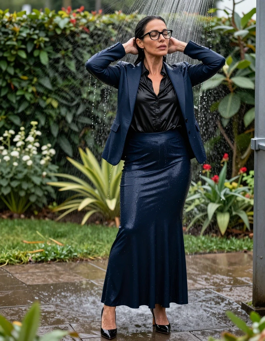 photo of young woman, in soaking wet, drenched clothes,
high heels black shoes, maxi dark blue flared skirt, dark blue blazer, long black silk satin shirt, in garden, after shower in sprinklers, enjoying wet clothes stuck body, enjoying, wet clothes stuck to body, 
enjoying, wet clothes stuck to body,
detailed textures of the wet clothes, wet face, wet plastered hair,
wet, drenched, professional, high-quality details, full body view.
sharp focus, ultra-high pixel detail, realistic, high-quality, full colors, incredibly detailed, 4k, 8k, 16k, hyper-realistic, RAW photo, masterpiece, ultra-detailed, professionally color graded, professional photograph, europen brunette skinny woman 50 years old, long dark black hair, office glasses, very big and thick lips, complete body, wet skin, wet clothes, damp fabric, wet skin, wet clothes, damp fabric, wet skin, wet clothes, damp fabric, wet skin, wet clothes, damp fabric, wet skin, wet clothes, damp fabric, wet skin, wet clothes, damp fabric, wet skin, wet clothes, damp fabric