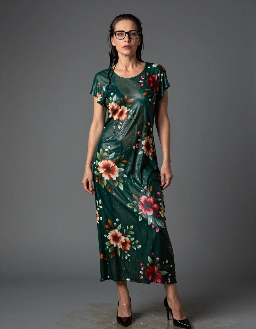 photo of young woman, in soaking wet, drenched clothes,
high black shoes, maxi dark green floral t-shirt dress, maxi dark green floral t-shirt dress, after shower, enjoying wet clothes stuck body, enjoying, wet clothes stuck to body, 
enjoying, wet clothes stuck to body,
detailed textures of the wet clothes, wet face, wet plastered hair,
wet, drenched, professional, high-quality details, full body view.
sharp focus, ultra-high pixel detail, realistic, high-quality, full colors, incredibly detailed, 4k, 8k, 16k, hyper-realistic, RAW photo, masterpiece, ultra-detailed, professionally color graded, professional photograph, europen brunette skinny woman 50 years old, long dark black hair, office glasses, very big and thick lips, complete body, wet skin, wet clothes, damp fabric, wet skin, wet clothes, damp fabric, wet skin, wet clothes, damp fabric, wet skin, wet clothes, damp fabric, wet skin, wet clothes, damp fabric, wet skin, wet clothes, damp fabric, wet skin, wet clothes, damp fabric