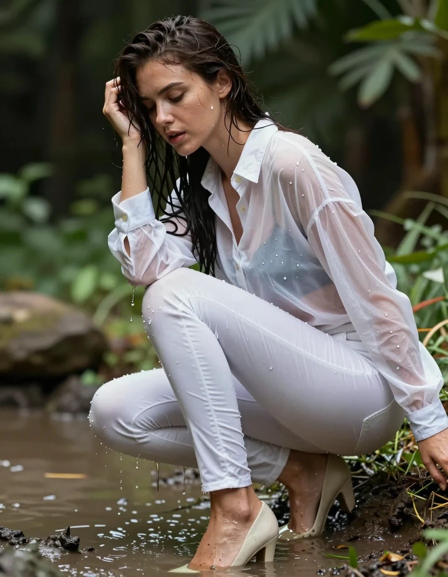 photo of young woman, in soaking wet, drenched clothes,
pumps, dark white slim floor-length silk jeans, see-through, dark white oversized long blouse, see-through, garden, mud rolling, 
enjoying, wet clothes stuck to body,
detailed textures of the wet clothes, wet face, wet plastered hair,
wet, drenched, professional, high-quality details, full body view.
sharp focus, ultra-high pixel detail, realistic, high-quality, full colors, incredibly detailed, 4k, 8k, 16k, hyper-realistic, RAW photo, masterpiece, ultra-detailed, professionally color graded, professional photograph, collar, long sleeves, buttoned, wet clinging hair, long hair, drenched, dripping wet, submerged, full body view, see-through, side view, wet skin, wet clothes, damp fabric