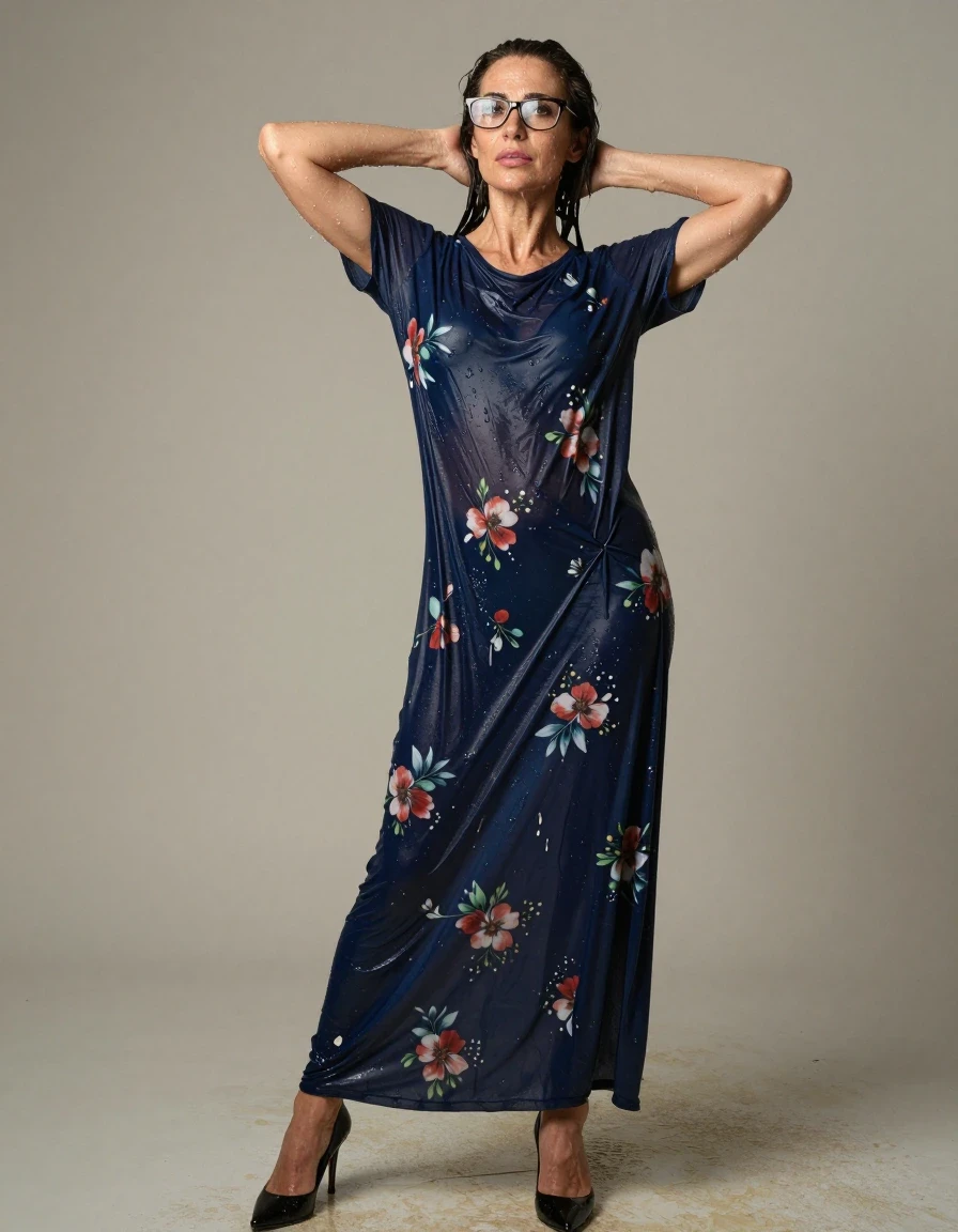 photo of young woman, in soaking wet, drenched clothes,
high black shoes, maxi dark blue floral t-shirt dress, maxi dark blue floral t-shirt dress, after shower, enjoying wet clothes stuck body, enjoying, wet clothes stuck to body, 
enjoying, wet clothes stuck to body,
detailed textures of the wet clothes, wet face, wet plastered hair,
wet, drenched, professional, high-quality details, full body view.
sharp focus, ultra-high pixel detail, realistic, high-quality, full colors, incredibly detailed, 4k, 8k, 16k, hyper-realistic, RAW photo, masterpiece, ultra-detailed, professionally color graded, professional photograph, europen brunette skinny woman 50 years old, long dark black hair, office glasses, very big and thick lips, complete body, wet skin, wet clothes, damp fabric, wet skin, wet clothes, damp fabric, wet skin, wet clothes, damp fabric, wet skin, wet clothes, damp fabric, wet skin, wet clothes, damp fabric, wet skin, wet clothes, damp fabric, wet skin, wet clothes, damp fabric