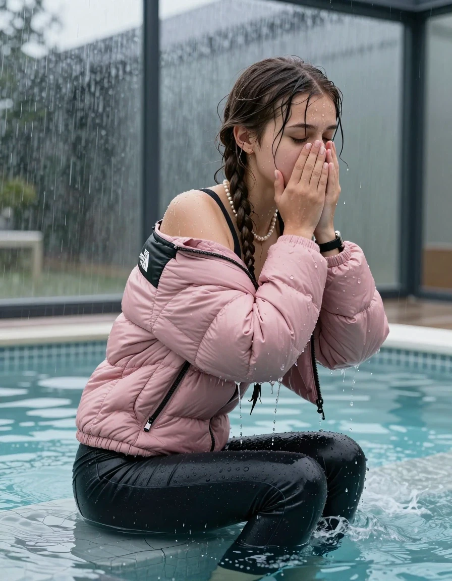 photo of young woman, in soaking wet, drenched clothes,
, Dark skinny jeans, Pink north face puffer down jacket, Open jacket, tight v-neck sweater, shoulderbag, pearl necklace, bracelet, wristwatch, Steaming indoor jacuzzi , 
enjoying, wet clothes stuck to body,
detailed textures of the wet clothes, wet face, wet plastered hair,
wet, drenched, professional, high-quality details, full body view.
sharp focus, ultra-high pixel detail, realistic, high-quality, full colors, incredibly detailed, 4k, 8k, 16k, hyper-realistic, RAW photo, masterpiece, ultra-detailed, professionally color graded, professional photograph, A realistic vertical fashion photograph taken from a backward, behind-the-back angle of a 15-year-old teenage girl sitting  in a glass-walled outdoor swimming pool, facing to the camera to show her back. She is tilting her head at camera, letting the water drench her hair so it is glued flat against her head and body. She has two long braids , completely saturated and dripping wet hair, with water cascading down her face and neck. Afraid and astonished expression. cover her nose with her hands. open mouth, closed eyes. The lighting is bright and cinematic, highlighting the glistening water droplets on her skin and the saturated texture of her  casual clothes. Outside the large glass wall of the pool building, heavy rain is visible falling against the window. Soft, moody indoor lighting with reflections on the water. High-quality fashion photography style.
her clothing is soaking wet and clinging tightly to her skin, showing heavy wet folds, darkened fabric texture, and deep water-saturated Patches, her clothes are heavy from the water, water runs from her body and her clothes in streams. A lot of water also runs out of her clothes. Her clothes are darkened by the water. 
hyper-realistic wetness, high-contrast water sheen, sharp focus, 16k resolution, professional photography, realistic water physics., wet skin, wet clothes, damp fabric, wet skin, wet clothes, damp fabric, wet skin, wet clothes, damp fabric, wet skin, wet clothes, damp fabric, wet skin, wet clothes, damp fabric, wet skin, wet clothes, damp fabric, wet skin, wet clothes, damp fabric, wet skin, wet clothes, damp fabric, wet skin, wet clothes, damp fabric, wet skin, wet clothes, damp fabric, wet skin, wet clothes, damp fabric, wet skin, wet clothes, damp fabric, wet skin, wet clothes, damp fabric, wet skin, wet clothes, damp fabric, wet skin, wet clothes, damp fabric