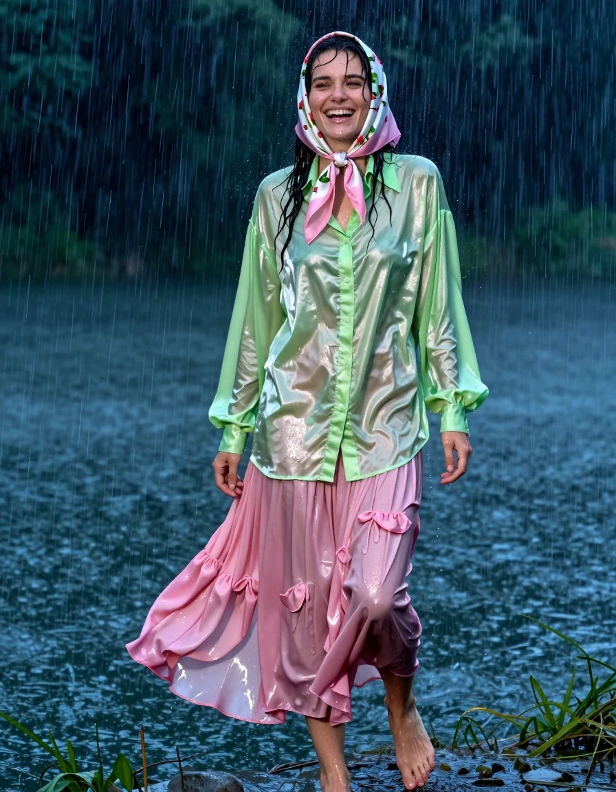photo of young woman, in soaking wet, drenched clothes,
barefeet, pink silk floor length skirt, multiple petticoats, silk headscarf with flowers, vivid light green satin long sleeved oversized shirt, bowtie, next to a lake at night, during torrential downpour and huge winds, 
enjoying, wet clothes stuck to body,
detailed textures of the wet clothes, wet face, wet plastered hair,
wet, drenched, professional, high-quality details, full body view.
sharp focus, ultra-high pixel detail, realistic, high-quality, full colors, incredibly detailed, 4k, 8k, 16k, hyper-realistic, RAW photo, masterpiece, ultra-detailed, professionally color graded, professional photograph, nerdy,caught in the storm, laughs, enjoys the rain, wet skin, wet clothes, damp fabric, wet skin, wet clothes, damp fabric