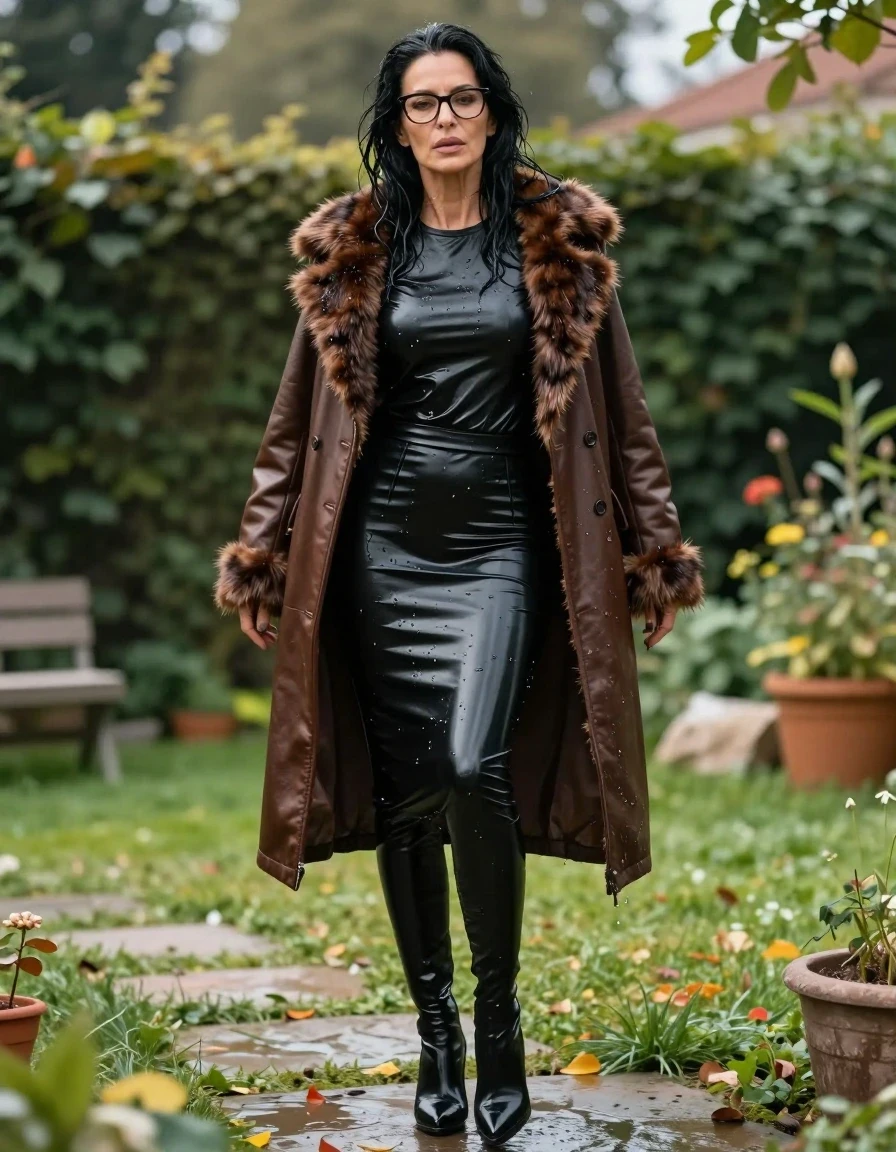 photo of young woman, in soaking wet, drenched clothes,
high heels black boots, long black tight latex skirt, long black tight leather t-shirt, maxi brown leather byker jacket with fur, in sunny garden, enjoying wet clothes stuck body, enjoying, wet clothes stuck to body, 
enjoying, wet clothes stuck to body,
detailed textures of the wet clothes, wet face, wet plastered hair,
wet, drenched, professional, high-quality details, full body view.
sharp focus, ultra-high pixel detail, realistic, high-quality, full colors, incredibly detailed, 4k, 8k, 16k, hyper-realistic, RAW photo, masterpiece, ultra-detailed, professionally color graded, professional photograph, europen brunette skinny woman 50 years old, long dark black hair, office glasses, very big and thick lips, complete body, wet skin, wet clothes, damp fabric, wet skin, wet clothes, damp fabric, wet skin, wet clothes, damp fabric, wet skin, wet clothes, damp fabric, wet skin, wet clothes, damp fabric, wet skin, wet clothes, damp fabric, wet skin, wet clothes, damp fabric