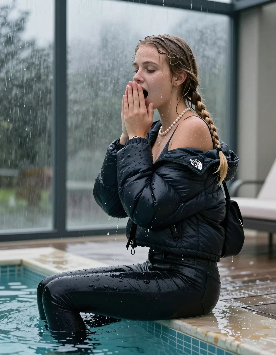 photo of young woman, in soaking wet, drenched clothes,
, Dark skinny jeans,  north face puffer down jacket, Open jacket, tight v-neck sweater, shoulderbag, pearl necklace, bracelet, wristwatch, Steaming indoor jacuzzi , 
enjoying, wet clothes stuck to body,
detailed textures of the wet clothes, wet face, wet plastered hair,
wet, drenched, professional, high-quality details, full body view.
sharp focus, ultra-high pixel detail, realistic, high-quality, full colors, incredibly detailed, 4k, 8k, 16k, hyper-realistic, RAW photo, masterpiece, ultra-detailed, professionally color graded, professional photograph, A realistic vertical fashion photograph taken from a backward, behind-the-back angle of a 15-year-old teenage girl sitting  in a glass-walled outdoor swimming pool, facing to the camera to show her back. She is tilting her head at camera, letting the water drench her hair so it is glued flat against her head and body. She has two blonde long braids , completely saturated and dripping wet hair, with water cascading down her face and neck. Afraid and astonished expression. cover her mouth with her hands. open mouth, closed eyes. The lighting is bright and cinematic, highlighting the glistening water droplets on her skin and the saturated texture of her  casual clothes. Outside the large glass wall of the pool building, heavy rain is visible falling against the window. Soft, moody indoor lighting with reflections on the water. High-quality fashion photography style.
her clothing is soaking wet and clinging tightly to her skin, showing heavy wet folds, darkened fabric texture, and deep water-saturated Patches, her clothes are heavy from the water, water runs from her body and her clothes in streams. A lot of water also runs out of her clothes. Her clothes are darkened by the water. 
hyper-realistic wetness, high-contrast water sheen, sharp focus, 16k resolution, professional photography, realistic water physics., wet skin, wet clothes, damp fabric, wet skin, wet clothes, damp fabric, wet skin, wet clothes, damp fabric, wet skin, wet clothes, damp fabric, wet skin, wet clothes, damp fabric, wet skin, wet clothes, damp fabric, wet skin, wet clothes, damp fabric, wet skin, wet clothes, damp fabric, wet skin, wet clothes, damp fabric, wet skin, wet clothes, damp fabric, wet skin, wet clothes, damp fabric, wet skin, wet clothes, damp fabric, wet skin, wet clothes, damp fabric, wet skin, wet clothes, damp fabric, wet skin, wet clothes, damp fabric