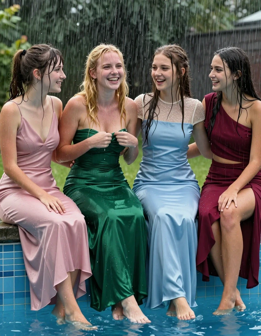 photo of young woman, in soaking wet, drenched clothes,
, , right fit homecoming dress, girls sitting on the edge of a pool in the pouring rain, 
enjoying, wet clothes stuck to body,
detailed textures of the wet clothes, wet face, wet plastered hair,
wet, drenched, professional, high-quality details, full body view.
sharp focus, ultra-high pixel detail, realistic, high-quality, full colors, incredibly detailed, 4k, 8k, 16k, hyper-realistic, RAW photo, masterpiece, ultra-detailed, professionally color graded, professional photograph, 4 college girls both having fun together. All a similar age, a nineteen year old girl, with a flat and slim body, skinny body, flat and skinny chest, a She has a wide square young face but a small very skinny waist and skinny legs, a very small chest and very small breasts, she is a pale brunette with ponytail and bangs. She has a small body, She is full of youthful energy. wearing a pale pink formal satin dress with a very low v-neck. Her friend has blonde hair and large size DD breasts,a wide square face, she is wearing a strapless green satin flat strapless prom dress, she struggles to keep the top up. The third girl is 19, with brunette hair, she is wearing a short pale blue satin gown with a highish neckline and a sparkly sheer short sleeve cream undershirt. The 4th girl is brunette with a small body and thin legs, she is wearing a maroon red one shoulder aesymmetrical top  that cuts off at the midriff and a maroon skirt. all of them except the blonde girl have very small breasts. wet skin, wet clothes, damp fabric,, wet skin, wet clothes, damp fabric, wet skin, wet clothes, damp fabric, wet skin, wet clothes, damp fabric, wet skin, wet clothes, damp fabric, wet skin, wet clothes, damp fabric, wet skin, wet clothes, damp fabric, wet skin, wet clothes, damp fabric, wet skin, wet clothes, damp fabric, wet skin, wet clothes, damp fabric