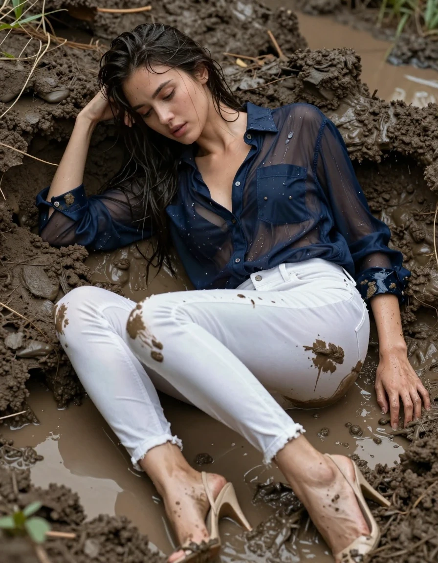 photo of young woman, in soaking wet, drenched clothes,
pumps, muddy white slim floor-length silk jeans, see-through, muddy dark blue oversized long blouse, see-through, mud hole, 
enjoying, wet clothes stuck to body,
detailed textures of the wet clothes, wet face, wet plastered hair,
wet, drenched, professional, high-quality details, full body view.
sharp focus, ultra-high pixel detail, realistic, high-quality, full colors, incredibly detailed, 4k, 8k, 16k, hyper-realistic, RAW photo, masterpiece, ultra-detailed, professionally color graded, professional photograph, lying in muddy water, collar, long sleeves, buttoned, muddy wet hair, long hair, muddy clothes,  full body view, see-through, side view, muddy clothes, drenched clothes, wet skin, wet clothes, damp fabric