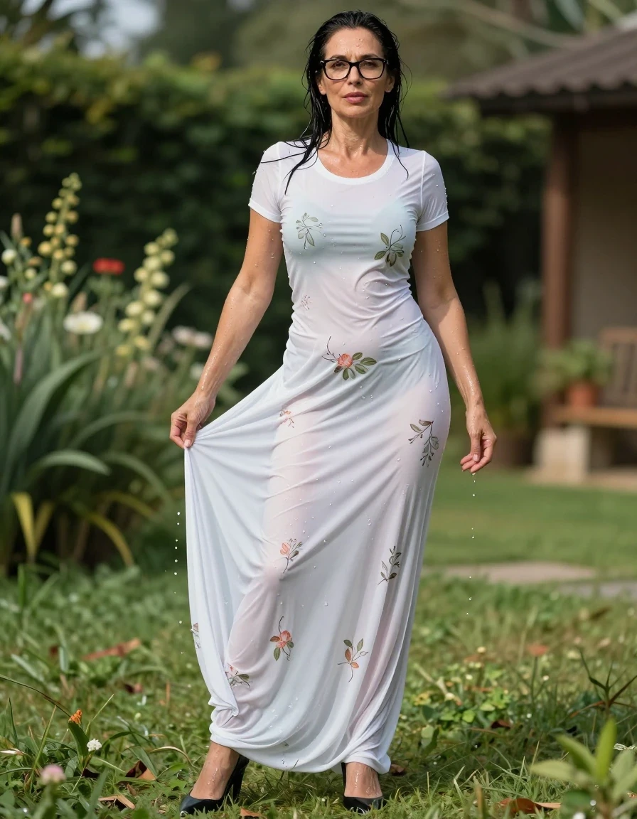 photo of young woman, in soaking wet, drenched clothes,
high black shoes, maxi white floral tight t-shirt dress, maxi white floral tight t-shirt dress, in sunny garden, enjoying wet clothes stuck body, enjoying, wet clothes stuck to body, 
enjoying, wet clothes stuck to body,
detailed textures of the wet clothes, wet face, wet plastered hair,
wet, drenched, professional, high-quality details, full body view.
sharp focus, ultra-high pixel detail, realistic, high-quality, full colors, incredibly detailed, 4k, 8k, 16k, hyper-realistic, RAW photo, masterpiece, ultra-detailed, professionally color graded, professional photograph, europen brunette skinny woman 50 years old, long dark black hair, office glasses, very big and thick lips, complete body, wet skin, wet clothes, damp fabric, wet skin, wet clothes, damp fabric, wet skin, wet clothes, damp fabric, wet skin, wet clothes, damp fabric, wet skin, wet clothes, damp fabric, wet skin, wet clothes, damp fabric, wet skin, wet clothes, damp fabric