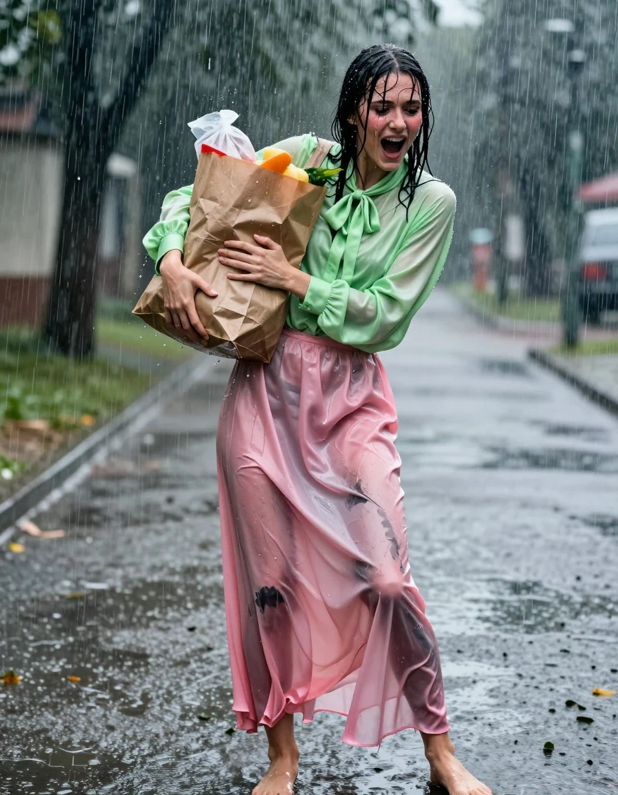 A photorealistic full-body shot of a nerdy young adult European woman caught in a torrential downpour on an empty path. She is wearing a vivid light green satin long-sleeved oversized shirt with a bowtie and a pink silk floor-length skirt. The fabrics are visibly soaked, clinging to her body, with the silk skirt becoming translucent and heavy with water weight, dark patches, and deep folds. She is barefoot, with wet skin and hair plastered to her face. She is struggling to carry a heavy paper bag of groceries that is tearing apart in the rain. Her expression is a mix of shock and intense, flush-faced physical pleasure, suggestive of an orgasm. The environment features heavy rain streaks, puddles on the ground, and a gloomy, atmospheric storm light. High-detail wet skin texture, water droplets running down her face and limbs, realistic fabric sheen, cinematic lighting, 8k resolution, highly detailed.