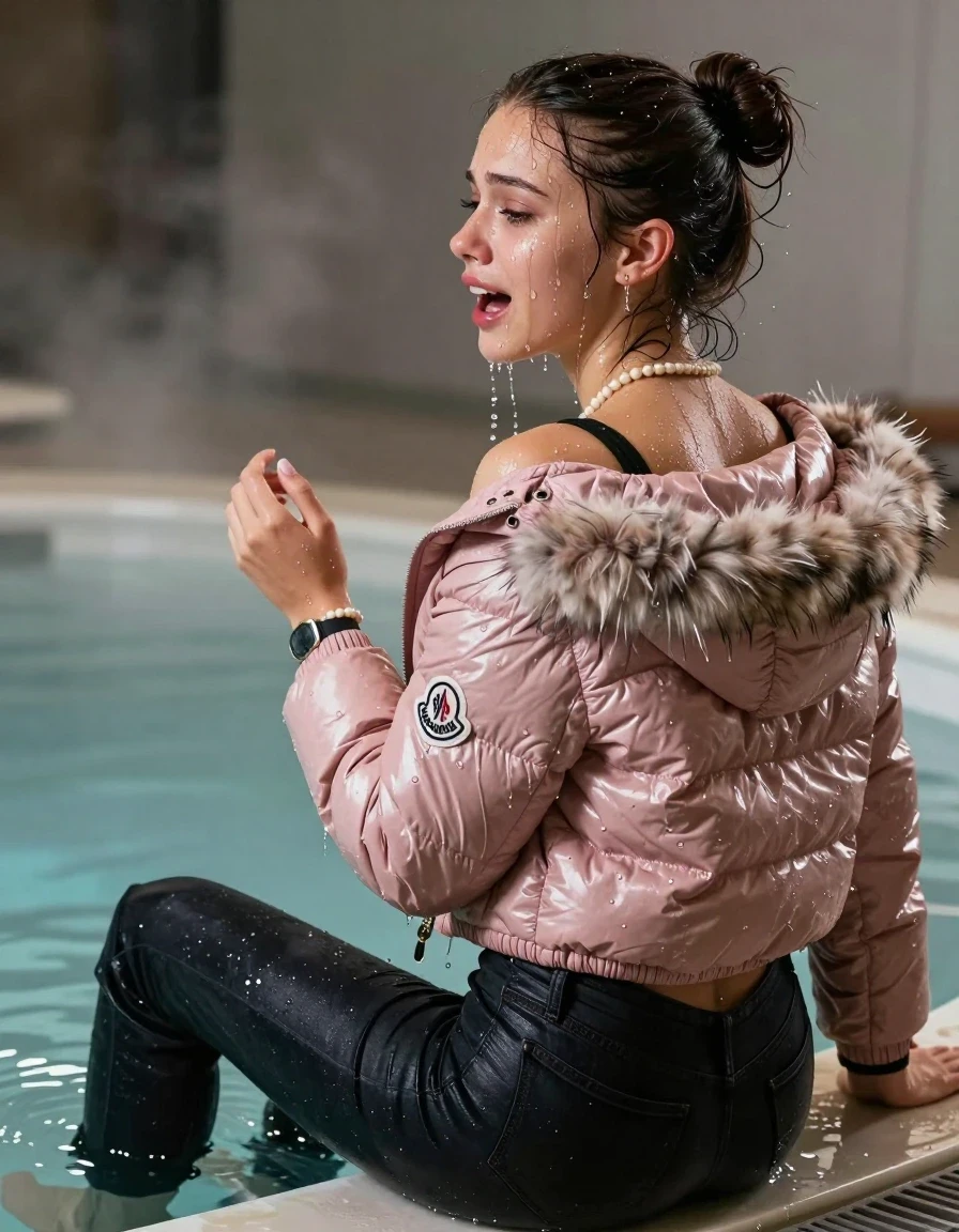 photo of young woman, in soaking wet, drenched clothes,
, Dark skinny jeans, Light pink Moncler shiny puffer down jacket with fur, Open jacket, tight v-neck sweater, shoulderbag, pearl necklace, bracelet, wristwatch, Steaming indoor jacuzzi , 
enjoying, wet clothes stuck to body,
detailed textures of the wet clothes, wet face, wet plastered hair,
wet, drenched, professional, high-quality details, full body view.
sharp focus, ultra-high pixel detail, realistic, high-quality, full colors, incredibly detailed, 4k, 8k, 16k, hyper-realistic, RAW photo, masterpiece, ultra-detailed, professionally color graded, professional photograph, A realistic vertical fashion photograph taken from a backward, behind-the-back angle of a 15-year-old teenage girl sitting in a steaming indoor jacuzzi, facing away from the camera to show her back. She is tilting her head at camera, letting the water drench her hair so it is glued flat against her head and body. She has a sleek bun , completely saturated and dripping wet hair, with water cascading down her face and neck, crying and astonished expression. open mouth, half closed eyes. The lighting is bright and cinematic, highlighting the glistening water droplets on her skin and the saturated texture of her  casual clothes.  half closed eyes. 
her clothing is soaking wet and clinging tightly to her skin, showing heavy wet folds, darkened fabric texture, and deep water-saturated Patches, her clothes are heavy from the water, water runs from her body and her clothes in streams. A lot of water also runs out of her clothes. Her clothes are darkened by the water. 
hyper-realistic wetness, high-contrast water sheen, sharp focus, 16k resolution, professional photography, realistic water physics., wet skin, wet clothes, damp fabric, wet skin, wet clothes, damp fabric, wet skin, wet clothes, damp fabric, wet skin, wet clothes, damp fabric, wet skin, wet clothes, damp fabric, wet skin, wet clothes, damp fabric, wet skin, wet clothes, damp fabric, wet skin, wet clothes, damp fabric, wet skin, wet clothes, damp fabric, wet skin, wet clothes, damp fabric, wet skin, wet clothes, damp fabric, wet skin, wet clothes, damp fabric, wet skin, wet clothes, damp fabric