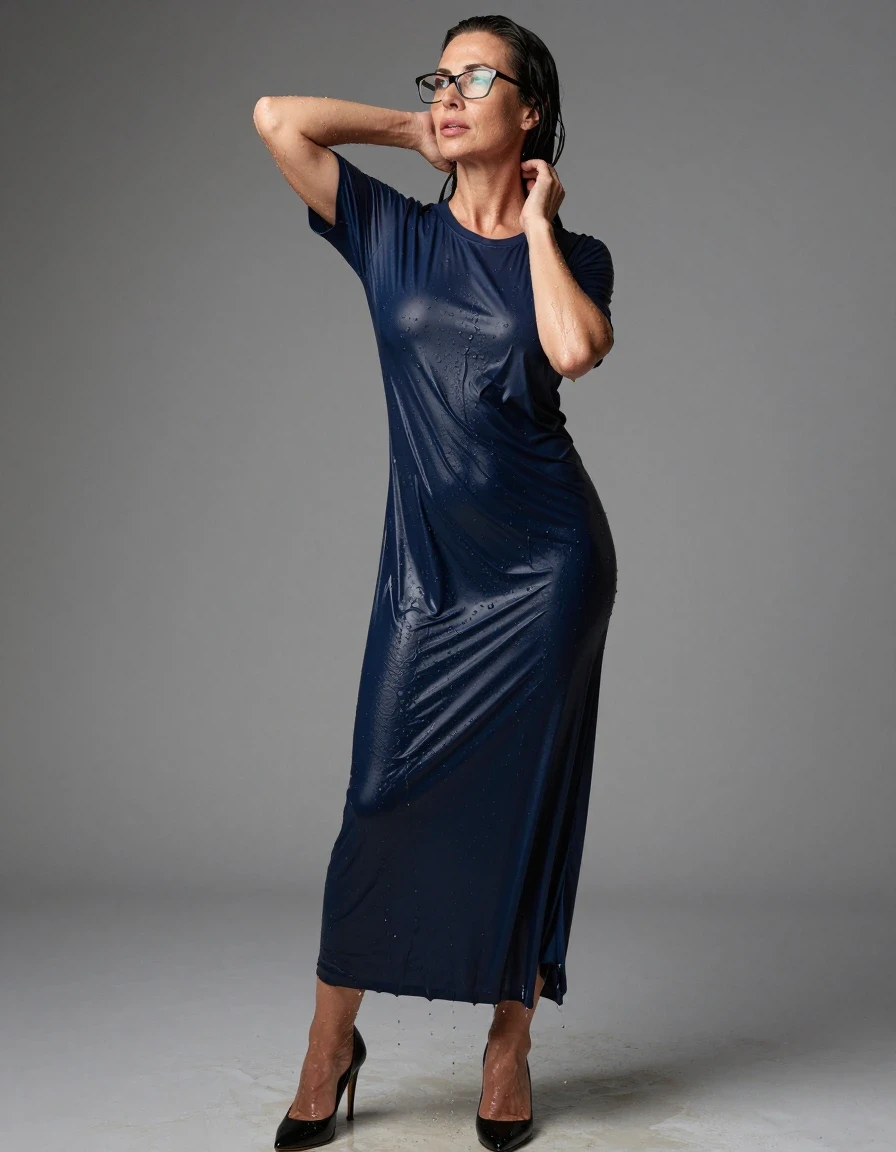 photo of young woman, in soaking wet, drenched clothes,
high black shoes, maxi dark blue t-shirt dress, maxi dark blue t-shirt dress, after shower, enjoying wet clothes stuck body, enjoying, wet clothes stuck to body, 
enjoying, wet clothes stuck to body,
detailed textures of the wet clothes, wet face, wet plastered hair,
wet, drenched, professional, high-quality details, full body view.
sharp focus, ultra-high pixel detail, realistic, high-quality, full colors, incredibly detailed, 4k, 8k, 16k, hyper-realistic, RAW photo, masterpiece, ultra-detailed, professionally color graded, professional photograph, europen brunette skinny woman 50 years old, long dark black hair, office glasses, very big and thick lips, complete body, wet skin, wet clothes, damp fabric, wet skin, wet clothes, damp fabric, wet skin, wet clothes, damp fabric, wet skin, wet clothes, damp fabric, wet skin, wet clothes, damp fabric, wet skin, wet clothes, damp fabric, wet skin, wet clothes, damp fabric