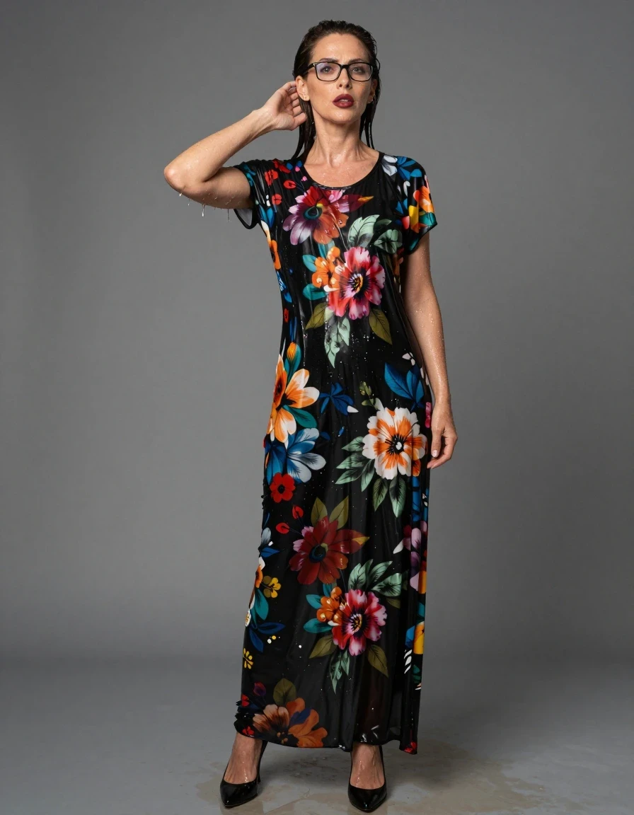 photo of young woman, in soaking wet, drenched clothes,
high black shoes, maxi multicolored floral t-shirt dress, maxi black floral t-shirt dress, after shower, enjoying wet clothes stuck body, enjoying, wet clothes stuck to body, 
enjoying, wet clothes stuck to body,
detailed textures of the wet clothes, wet face, wet plastered hair,
wet, drenched, professional, high-quality details, full body view.
sharp focus, ultra-high pixel detail, realistic, high-quality, full colors, incredibly detailed, 4k, 8k, 16k, hyper-realistic, RAW photo, masterpiece, ultra-detailed, professionally color graded, professional photograph, europen brunette skinny woman 50 years old, long dark black hair, office glasses, very big and thick lips, complete body, wet skin, wet clothes, damp fabric, wet skin, wet clothes, damp fabric, wet skin, wet clothes, damp fabric, wet skin, wet clothes, damp fabric, wet skin, wet clothes, damp fabric, wet skin, wet clothes, damp fabric, wet skin, wet clothes, damp fabric