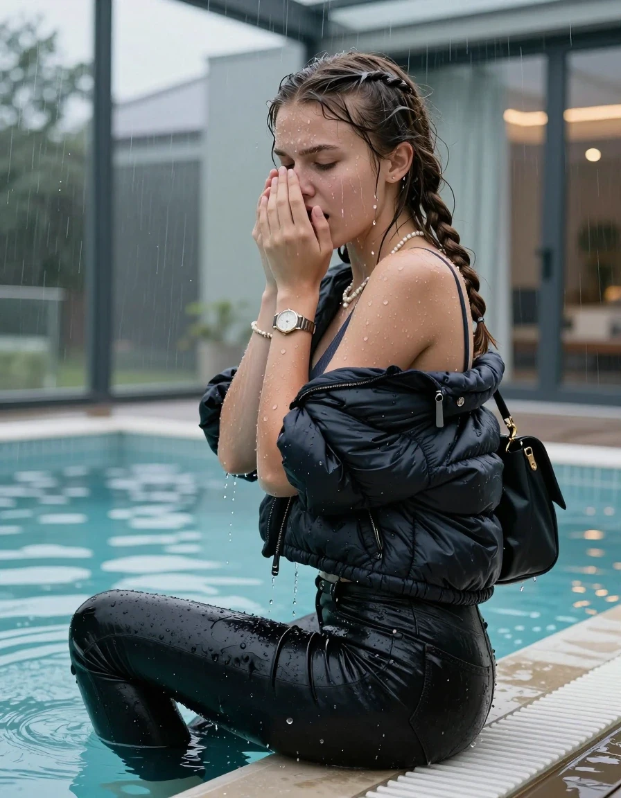 photo of young woman, in soaking wet, drenched clothes,
, Dark skinny jeans,  north face puffer down jacket, Open jacket, tight v-neck sweater, shoulderbag, pearl necklace, bracelet, wristwatch, Steaming indoor jacuzzi , 
enjoying, wet clothes stuck to body,
detailed textures of the wet clothes, wet face, wet plastered hair,
wet, drenched, professional, high-quality details, full body view.
sharp focus, ultra-high pixel detail, realistic, high-quality, full colors, incredibly detailed, 4k, 8k, 16k, hyper-realistic, RAW photo, masterpiece, ultra-detailed, professionally color graded, professional photograph, A realistic vertical fashion photograph taken from a backward, behind-the-back angle of a 15-year-old teenage girl sitting  in a glass-walled outdoor swimming pool, facing to the camera to show her back. She is tilting her head at camera, letting the water drench her hair so it is glued flat against her head and body. She has two long braids , completely saturated and dripping wet hair, with water cascading down her face and neck. Afraid and astonished expression. cover her nose with her hands. open mouth, closed eyes. The lighting is bright and cinematic, highlighting the glistening water droplets on her skin and the saturated texture of her  casual clothes. Outside the large glass wall of the pool building, heavy rain is visible falling against the window. Soft, moody indoor lighting with reflections on the water. High-quality fashion photography style.
her clothing is soaking wet and clinging tightly to her skin, showing heavy wet folds, darkened fabric texture, and deep water-saturated Patches, her clothes are heavy from the water, water runs from her body and her clothes in streams. A lot of water also runs out of her clothes. Her clothes are darkened by the water. 
hyper-realistic wetness, high-contrast water sheen, sharp focus, 16k resolution, professional photography, realistic water physics., wet skin, wet clothes, damp fabric, wet skin, wet clothes, damp fabric, wet skin, wet clothes, damp fabric, wet skin, wet clothes, damp fabric, wet skin, wet clothes, damp fabric, wet skin, wet clothes, damp fabric, wet skin, wet clothes, damp fabric, wet skin, wet clothes, damp fabric, wet skin, wet clothes, damp fabric, wet skin, wet clothes, damp fabric, wet skin, wet clothes, damp fabric, wet skin, wet clothes, damp fabric, wet skin, wet clothes, damp fabric, wet skin, wet clothes, damp fabric, wet skin, wet clothes, damp fabric