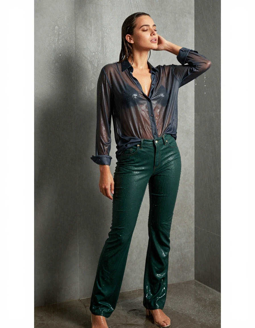 photo of young woman, in soaking wet, drenched clothes,
pumps, dark green oversized floor-length jeans, see-through, dark grey oversized floor-length blouse, see-through, standing in shower, rain, 
enjoying, wet clothes stuck to body,
detailed textures of the wet clothes, wet face, wet plastered hair,
wet, drenched, professional, high-quality details, full body view.
sharp focus, ultra-high pixel detail, realistic, high-quality, full colors, incredibly detailed, 4k, 8k, 16k, hyper-realistic, RAW photo, masterpiece, ultra-detailed, professionally color graded, professional photograph, collar, long sleeves, buttoned, wet clinging hair, long hair, drenched, dripping wet, submerged, full body view, see-through, side view, wet skin, wet clothes, damp fabric