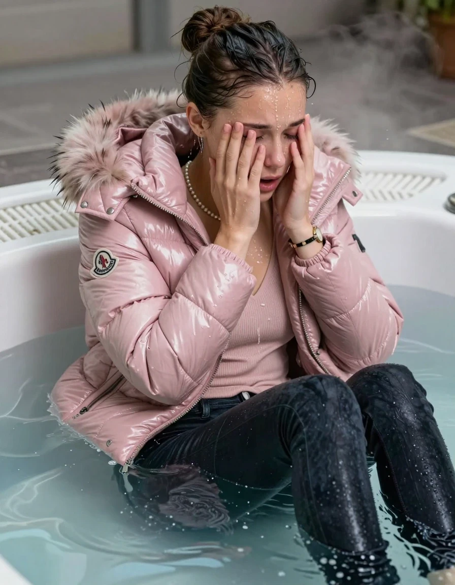 photo of young woman, in soaking wet, drenched clothes,
, Dark skinny jeans, Light pink Moncler shiny puffer down jacket with fur, Open jacket, tight v-neck sweater, shoulderbag, pearl necklace, bracelet, wristwatch, Steaming indoor jacuzzi , 
enjoying, wet clothes stuck to body,
detailed textures of the wet clothes, wet face, wet plastered hair,
wet, drenched, professional, high-quality details, full body view.
sharp focus, ultra-high pixel detail, realistic, high-quality, full colors, incredibly detailed, 4k, 8k, 16k, hyper-realistic, RAW photo, masterpiece, ultra-detailed, professionally color graded, professional photograph, A realistic vertical fashion photograph taken from a backward, behind-the-back angle of a 15-year-old teenage girl lying in a steaming indoor jacuzzi, facing to the camera to show her back. She is tilting her head at camera, letting the water drench her hair so it is glued flat against her head and body. She has a sleek bun , completely saturated and dripping wet hair, with water cascading down her face and neck, crying and astonished expression. cover her whole face with her hands. open mouth, half closed eyes. The lighting is bright and cinematic, highlighting the glistening water droplets on her skin and the saturated texture of her  casual clothes.  half closed eyes. 
her clothing is soaking wet and clinging tightly to her skin, showing heavy wet folds, darkened fabric texture, and deep water-saturated Patches, her clothes are heavy from the water, water runs from her body and her clothes in streams. A lot of water also runs out of her clothes. Her clothes are darkened by the water. 
hyper-realistic wetness, high-contrast water sheen, sharp focus, 16k resolution, professional photography, realistic water physics., wet skin, wet clothes, damp fabric, wet skin, wet clothes, damp fabric, wet skin, wet clothes, damp fabric, wet skin, wet clothes, damp fabric, wet skin, wet clothes, damp fabric, wet skin, wet clothes, damp fabric, wet skin, wet clothes, damp fabric, wet skin, wet clothes, damp fabric, wet skin, wet clothes, damp fabric, wet skin, wet clothes, damp fabric, wet skin, wet clothes, damp fabric, wet skin, wet clothes, damp fabric, wet skin, wet clothes, damp fabric