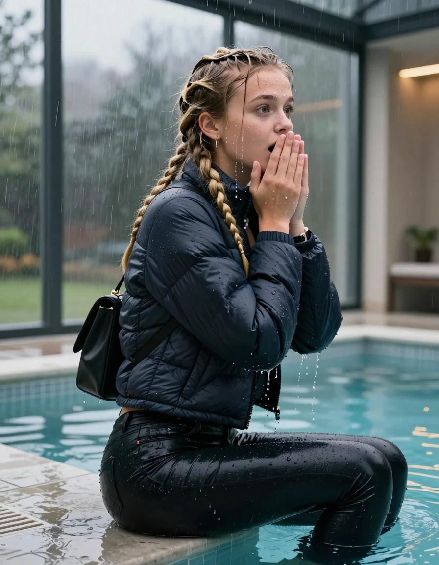 photo of young woman, in soaking wet, drenched clothes,
, Dark skinny jeans,  north face puffer down jacket, Open jacket, tight v-neck sweater, shoulderbag, pearl necklace, bracelet, wristwatch, Steaming indoor jacuzzi , 
enjoying, wet clothes stuck to body,
detailed textures of the wet clothes, wet face, wet plastered hair,
wet, drenched, professional, high-quality details, full body view.
sharp focus, ultra-high pixel detail, realistic, high-quality, full colors, incredibly detailed, 4k, 8k, 16k, hyper-realistic, RAW photo, masterpiece, ultra-detailed, professionally color graded, professional photograph, A realistic vertical fashion photograph taken from a backward, behind-the-back angle of a 15-year-old teenage girl sitting  in a glass-walled outdoor swimming pool, facing to the camera to show her back. She is tilting her head at camera, letting the water drench her hair so it is glued flat against her head and body. She has two blonde long braids , completely saturated and dripping wet hair, with water cascading down her face and neck. Afraid and astonished expression. cover her mouth with her hands. open mouth, big eyes. The lighting is bright and cinematic, highlighting the glistening water droplets on her skin and the saturated texture of her  casual clothes. Outside the large glass wall of the pool building, heavy rain is visible falling against the window. Soft, moody indoor lighting with reflections on the water. High-quality fashion photography style.
her clothing is soaking wet and clinging tightly to her skin, showing heavy wet folds, darkened fabric texture, and deep water-saturated Patches, her clothes are heavy from the water, water runs from her body and her clothes in streams. A lot of water also runs out of her clothes. Her clothes are darkened by the water. 
hyper-realistic wetness, high-contrast water sheen, sharp focus, 16k resolution, professional photography, realistic water physics., wet skin, wet clothes, damp fabric, wet skin, wet clothes, damp fabric, wet skin, wet clothes, damp fabric, wet skin, wet clothes, damp fabric, wet skin, wet clothes, damp fabric, wet skin, wet clothes, damp fabric, wet skin, wet clothes, damp fabric, wet skin, wet clothes, damp fabric, wet skin, wet clothes, damp fabric, wet skin, wet clothes, damp fabric, wet skin, wet clothes, damp fabric, wet skin, wet clothes, damp fabric, wet skin, wet clothes, damp fabric, wet skin, wet clothes, damp fabric, wet skin, wet clothes, damp fabric