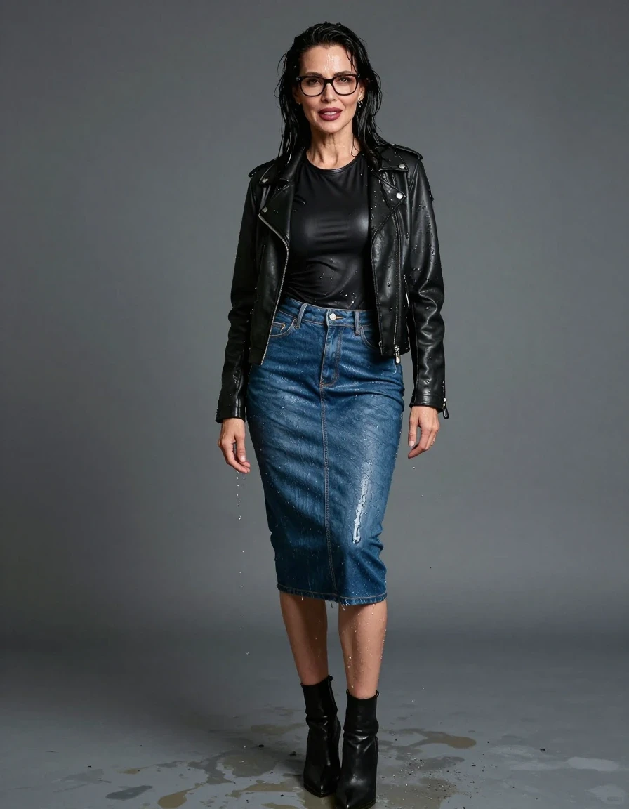 photo of young woman, in soaking wet, drenched clothes,
high heels black boots, long blue tight leather denim skirt, long black tight leather t-shirt, maxi black leather byker jacket, enjoying wet clothes stuck body, enjoying, wet clothes stuck to body, 
enjoying, wet clothes stuck to body,
detailed textures of the wet clothes, wet face, wet plastered hair,
wet, drenched, professional, high-quality details, full body view.
sharp focus, ultra-high pixel detail, realistic, high-quality, full colors, incredibly detailed, 4k, 8k, 16k, hyper-realistic, RAW photo, masterpiece, ultra-detailed, professionally color graded, professional photograph, europen brunette skinny woman 50 years old, long dark black hair, office glasses, very big and thick lips, complete body, wet skin, wet clothes, damp fabric, wet skin, wet clothes, damp fabric, wet skin, wet clothes, damp fabric, wet skin, wet clothes, damp fabric, wet skin, wet clothes, damp fabric, wet skin, wet clothes, damp fabric, wet skin, wet clothes, damp fabric