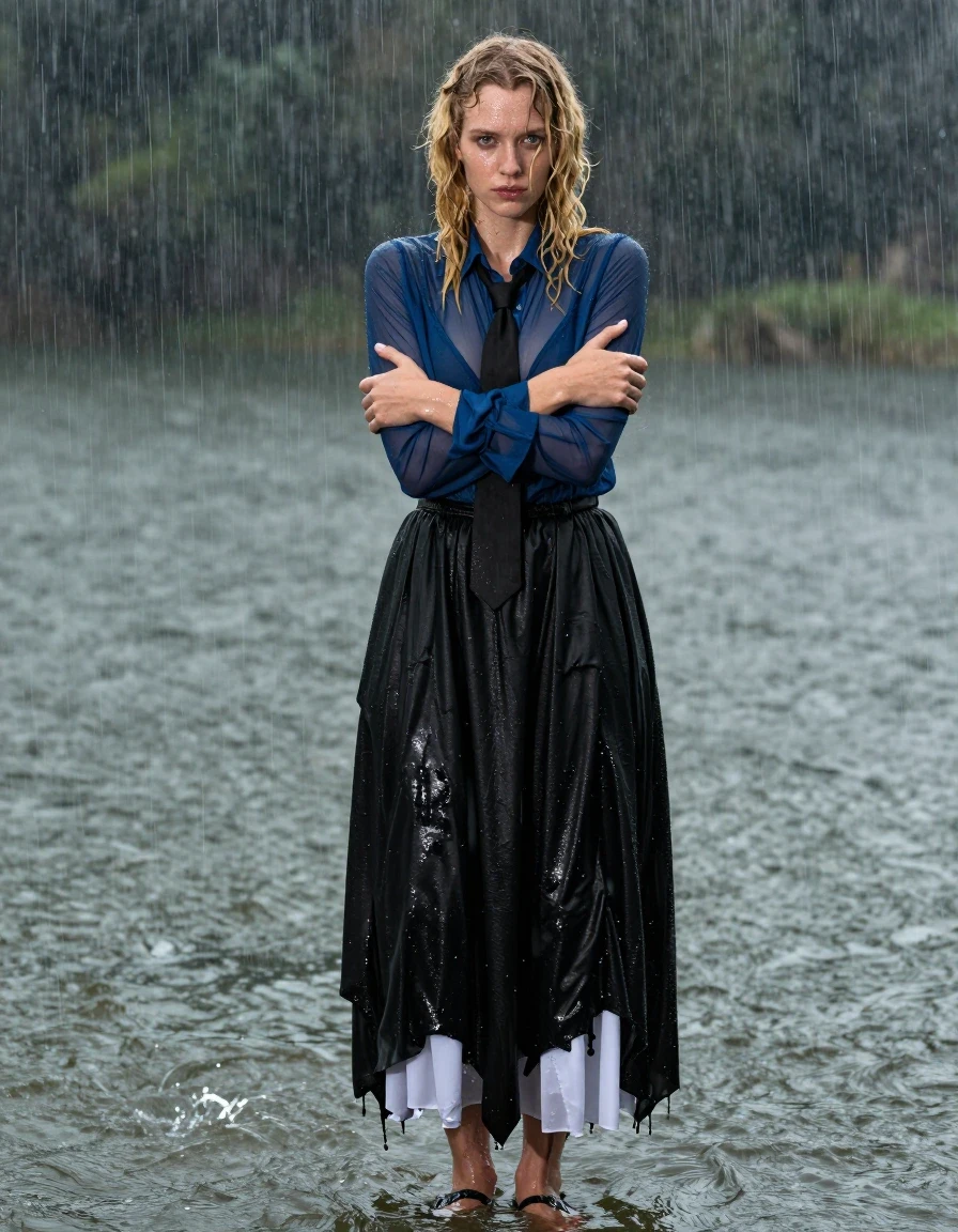 A photorealistic portrait of a young adult European woman with curly blonde hair and a nerdy aesthetic, standing in a lake during a heavy downpour. She is wearing a deep blue see-through long-sleeved buttoned-down shirt, soaked and clinging to her skin, worn over a black necktie. Below, she wears a floor-length black cotton skirt layered over a white petticoat, both garments heavy with water, clinging to her legs, with darkened fabric patches, visible heavy folds, and water dripping from the hems. She is wearing sandals on her feet. Her skin is glistening with rain, her hair is matted and wet, and she is hugging herself tightly to stay warm. The scene is set in a lake amidst a torrential rainstorm, with water droplets splashing on the surface and heavy atmosphere. High-contrast lighting, 8k resolution, hyper-detailed textures, wet look, realistic fabric weight, cinematic photography, sharp focus on the subject's expression and wet textures.