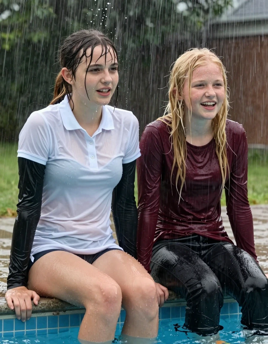photo of young woman, in soaking wet, drenched clothes,
, , casual wear, 2 girls sitting on the edge of the pool while it pours water on them during a heavy storm, 
enjoying, wet clothes stuck to body,
detailed textures of the wet clothes, wet face, wet plastered hair,
wet, drenched, professional, high-quality details, full body view.
sharp focus, ultra-high pixel detail, realistic, high-quality, full colors, incredibly detailed, 4k, 8k, 16k, hyper-realistic, RAW photo, masterpiece, ultra-detailed, professionally color graded, professional photograph, 2 small college girls both having fun together. both similar age, a small nineteen year old girl, she is small, young, petite, with a flat and slim body, a She has a wide square young face a very small chest, she is a pale brunette with a ponytail and bangs and a septum piercing, She is full of youthful energy, she is wearing a drenched fit white polo that clings to her body over a black long sleeve undershirt, and panties, her friend is slightly shorter, she has blonde hair, she is wearing dark colored soaked loose jeans and a long sleeve maroon top. her clothes darken from the water. She has a wide square face,, wet skin, wet clothes, damp fabric