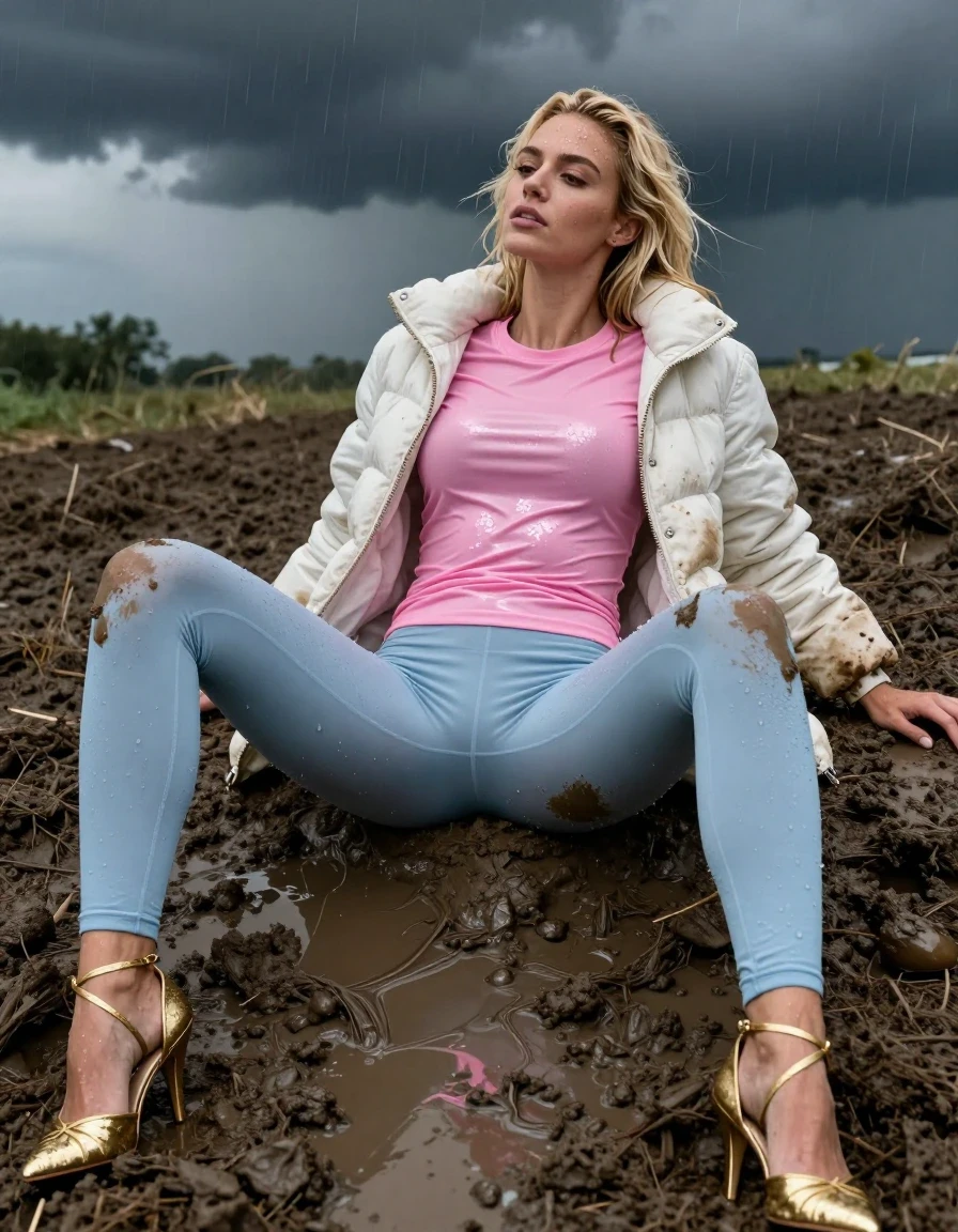 photo of young woman, in soaking wet, drenched clothes,
Strappy gold stilettos, Dirty pale blue leggings , Very dirty white puffer jacket , shiny pink t-shirt , Lying back in deep mud, legs apart , 
enjoying, wet clothes stuck to body,
detailed textures of the wet clothes, wet face, wet plastered hair,
wet, drenched, professional, high-quality details, full body view.
sharp focus, ultra-high pixel detail, realistic, high-quality, full colors, incredibly detailed, 4k, 8k, 16k, hyper-realistic, RAW photo, masterpiece, ultra-detailed, professionally color graded, professional photograph, Blonde, in thunder storm, wet skin, wet clothes, wet skin, wet clothes, damp fabric