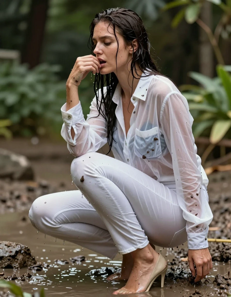 photo of young woman, in soaking wet, drenched clothes,
pumps, dark white slim floor-length silk jeans, see-through, dark white oversized long blouse, see-through, garden, mud shower, 
enjoying, wet clothes stuck to body,
detailed textures of the wet clothes, wet face, wet plastered hair,
wet, drenched, professional, high-quality details, full body view.
sharp focus, ultra-high pixel detail, realistic, high-quality, full colors, incredibly detailed, 4k, 8k, 16k, hyper-realistic, RAW photo, masterpiece, ultra-detailed, professionally color graded, professional photograph, collar, long sleeves, buttoned,muddy wet clinging hair, long hair, drenched, dripping wet and muddy, submerged, full body view, see-through, side view, muddy clothes, wet skin, wet clothes, damp fabric