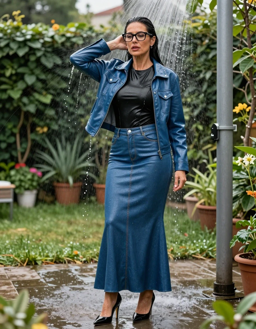 photo of young woman, in soaking wet, drenched clothes,
high heels black shoes, maxi blue flared leather denim skirt, long black tight leather t-shirt, maxi blue shiny leather denim jacket, in garden, after shower in sprinklers, enjoying wet clothes stuck body, enjoying, wet clothes stuck to body, 
enjoying, wet clothes stuck to body,
detailed textures of the wet clothes, wet face, wet plastered hair,
wet, drenched, professional, high-quality details, full body view.
sharp focus, ultra-high pixel detail, realistic, high-quality, full colors, incredibly detailed, 4k, 8k, 16k, hyper-realistic, RAW photo, masterpiece, ultra-detailed, professionally color graded, professional photograph, europen brunette skinny woman 50 years old, long dark black hair, office glasses, very big and thick lips, complete body, wet skin, wet clothes, damp fabric, wet skin, wet clothes, damp fabric, wet skin, wet clothes, damp fabric, wet skin, wet clothes, damp fabric, wet skin, wet clothes, damp fabric, wet skin, wet clothes, damp fabric, wet skin, wet clothes, damp fabric