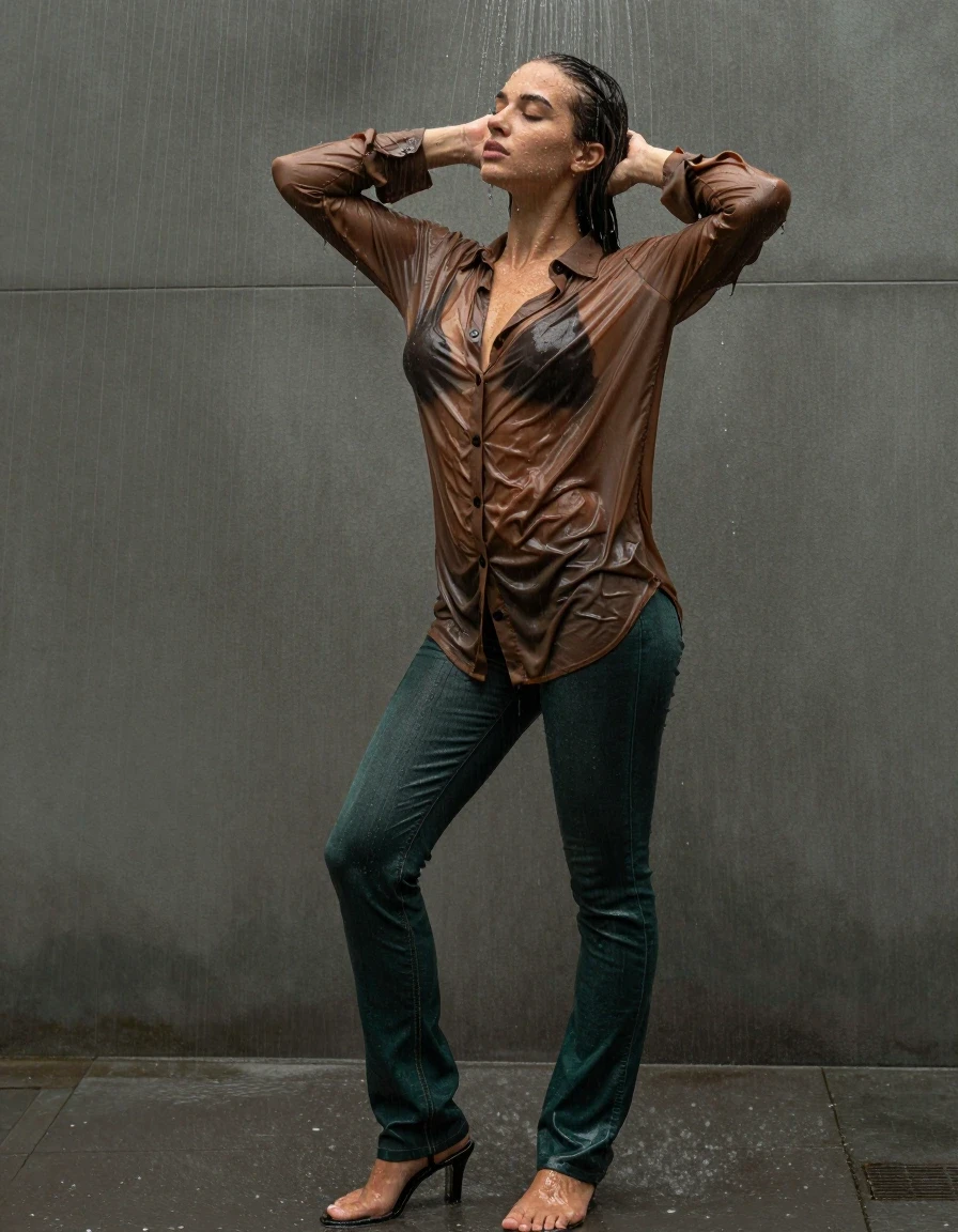 photo of young woman, in soaking wet, drenched clothes,
pumps, dark green oversized floor-length jeans, see-through, brown oversized floor-length blouse, see-through, standing in shower, rain, 
enjoying, wet clothes stuck to body,
detailed textures of the wet clothes, wet face, wet plastered hair,
wet, drenched, professional, high-quality details, full body view.
sharp focus, ultra-high pixel detail, realistic, high-quality, full colors, incredibly detailed, 4k, 8k, 16k, hyper-realistic, RAW photo, masterpiece, ultra-detailed, professionally color graded, professional photograph, collar, long sleeves, buttoned, wet clinging hair, long hair, drenched, dripping wet, submerged, full body view, see-through, side view, wet skin, wet clothes, damp fabric