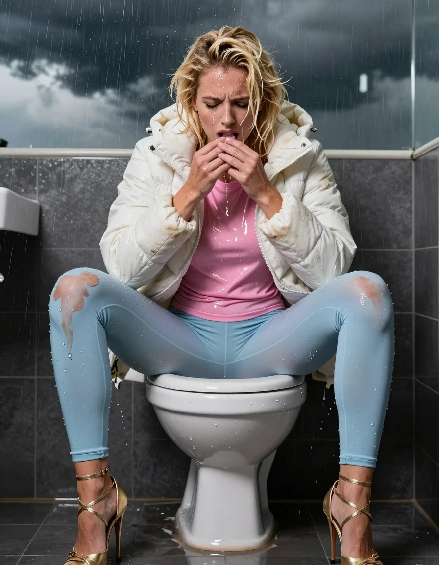 photo of young woman, in soaking wet, drenched clothes,
Strappy gold stilettos, Dirty pale blue leggings , Very dirty white puffer jacket , shiny pink t-shirt , On toilet, legs apart, pissing, 
enjoying, wet clothes stuck to body,
detailed textures of the wet clothes, wet face, wet plastered hair,
wet, drenched, professional, high-quality details, full body view.
sharp focus, ultra-high pixel detail, realistic, high-quality, full colors, incredibly detailed, 4k, 8k, 16k, hyper-realistic, RAW photo, masterpiece, ultra-detailed, professionally color graded, professional photograph, Blonde, in thunder storm, wet skin, wet clothes, wet skin, wet clothes, damp fabric